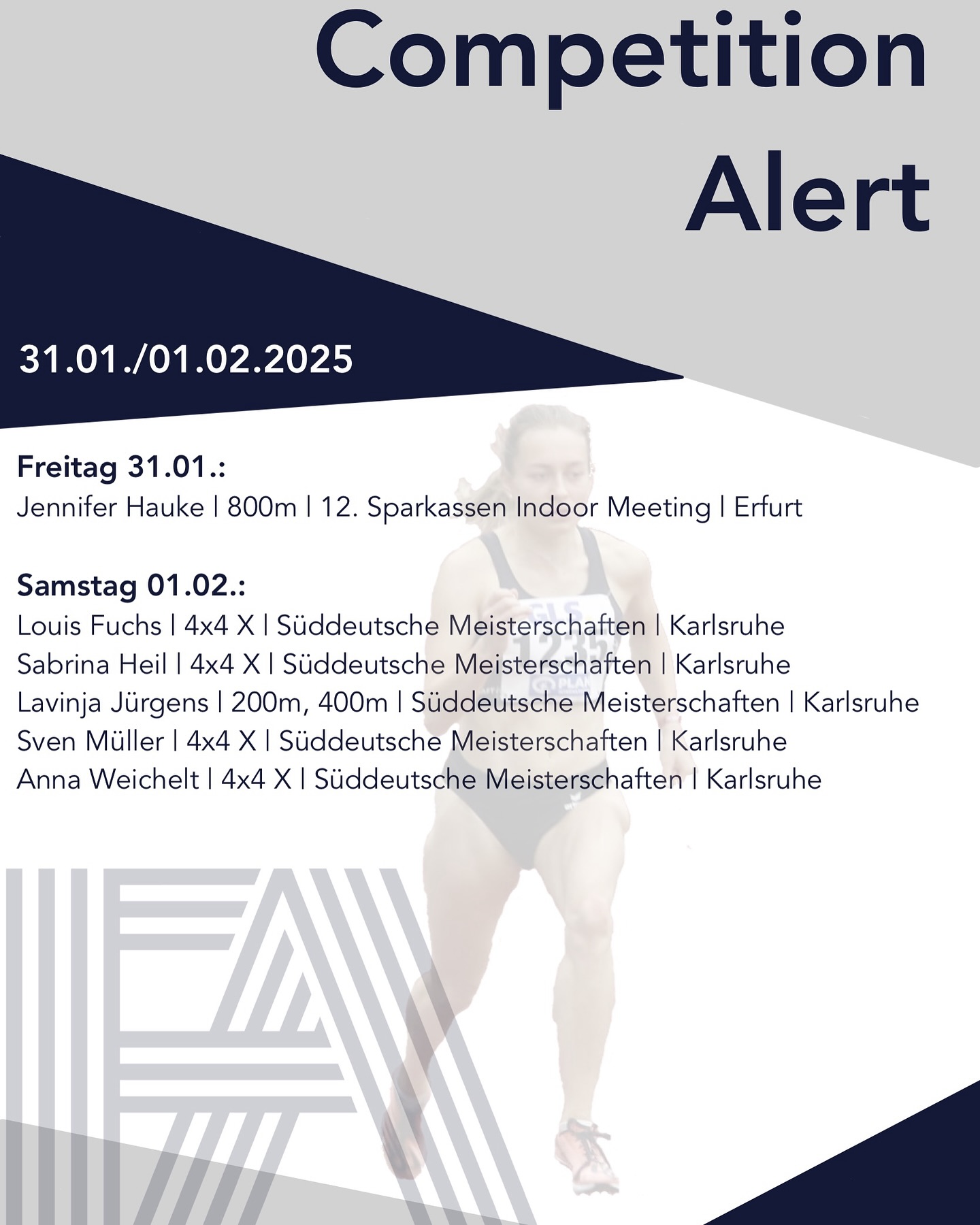 Heute beginnt ein weiteres Wettkampfwochende für unsere FA-Athleten 💪👏
Zuerst startet heute @jenniehauke im @erfurtindoor und am Samstag bei den Süddeutschen Meisterschaften starten @lavinjajurgens sowie eine 4x4 Mixed Staffel.
Wir wünschen viel Erfolg und berichten natürlich wieder über die Ergebnisse 🔥!
#FA #frankfurtathletics #germanyathletics