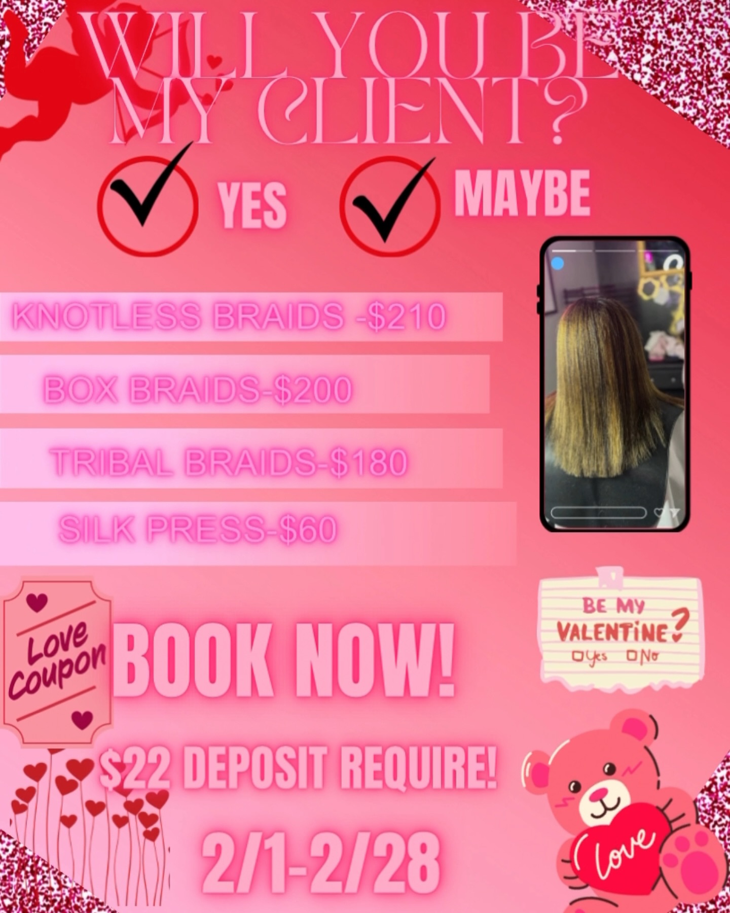 💕 Love is in the Hair 💕
Our February Special is here! 🌸✨ From 2/1 - 2/28, we’re offering amazing deals you won’t want to miss. Treat yourself to a fresh new style this season!
🔹 $22 deposit required to book your appointment.
📅 Limited spots available—don’t wait!
📍 Booking link in bio or click below:
👉 www.bbtstylesbydeasia.com