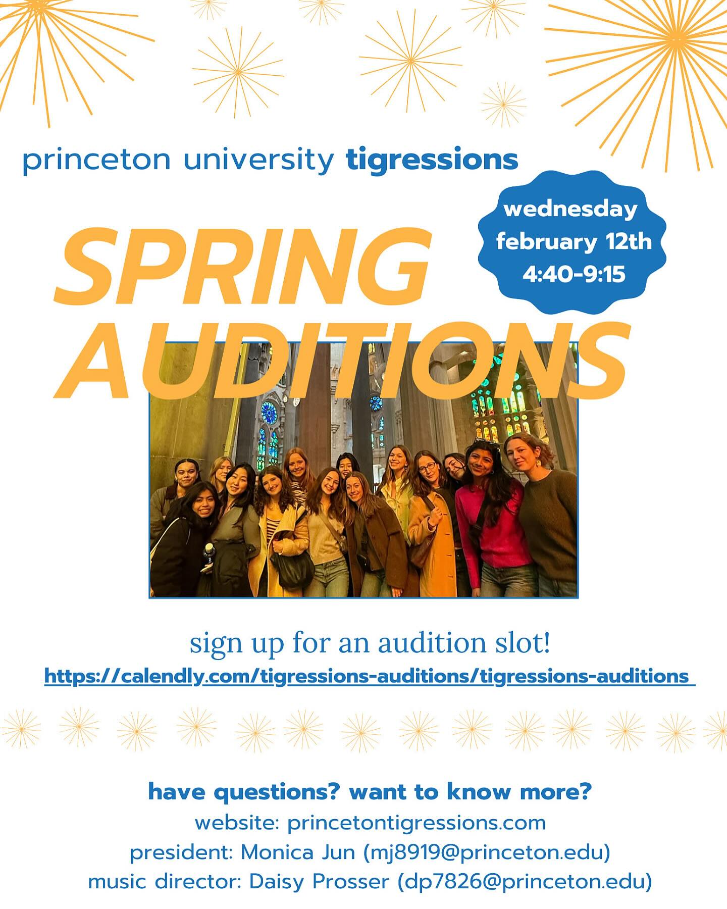🎊SPRING AUDITION TIME🎊
step 1: sign up using the link in our bio
step 2: prepare the verse & chorus of any song
step 3: get excited! auditions are a fun, relaxed way for us to get to know you and your voice
step 4: come to our arch sing on thursday!! (Blair arch | 10:15pm)
send any questions to our lovely president Monica: monica.jun@princeton.edu
