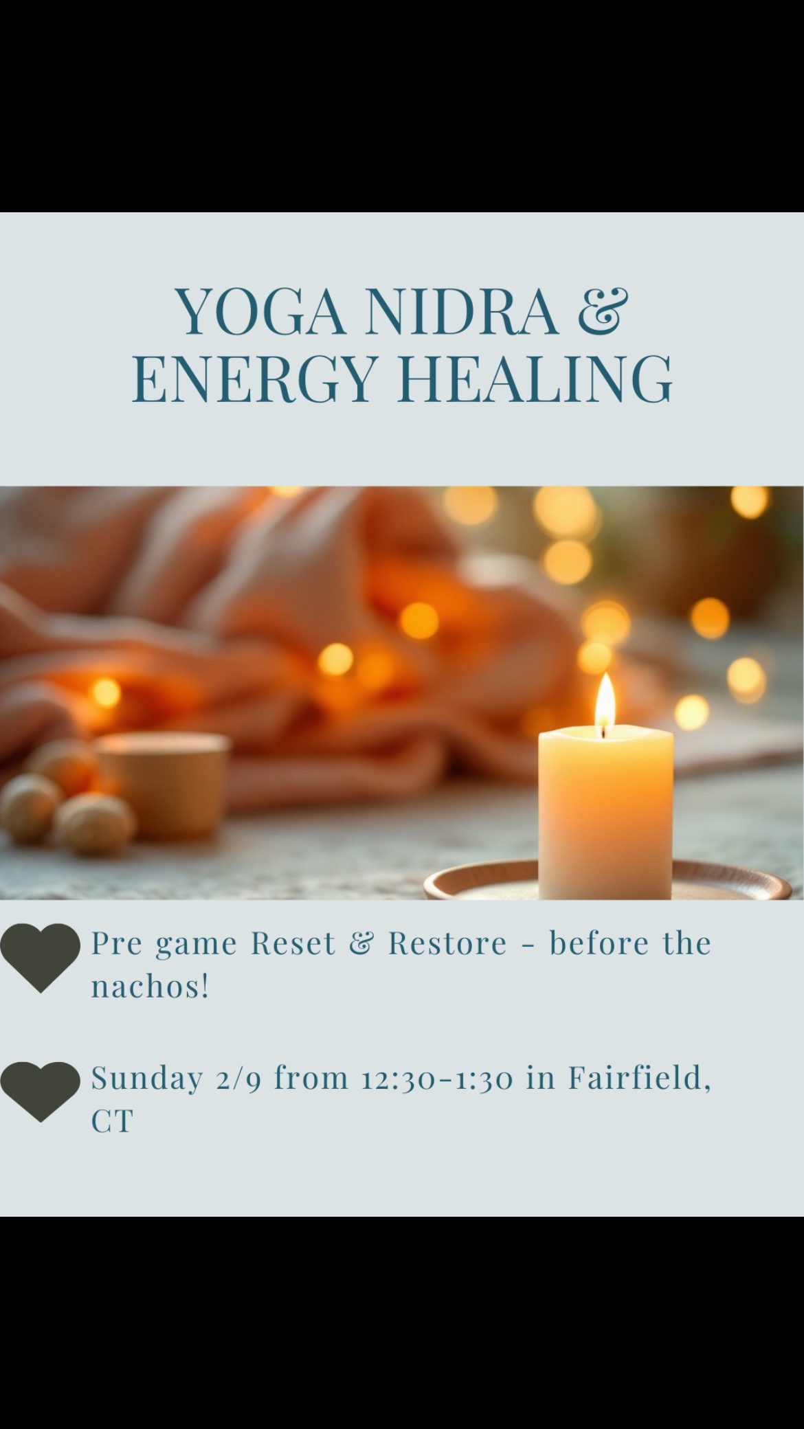 🧘♀️ First Yoga Nidra, Then... Whatever You Choose!
Your Sanctuary When The World Feels Too Much
Game Day or Me Day? Either way, start with serenity!
The Magic of Yoga Nidra: ✨ gives your system 3-4 hours of deep sleep 🌟 Reduces anxiety & stress 🧠 Enhances memory & focus 💫 Balances your nervous system ❤️ Lowers blood pressure ✨ Boosts creativity & intuition 🌙 Improves sleep quality
If you’re watching the game: • Get zen before the touchdowns • Enjoy those nachos mindfully • Feel refreshed for the festivities
If football’s not your thing: • Make it your peaceful escape • Gift yourself deep relaxation
Join us Feb 9th at Tree of Life Center for the perfect Sunday reset. Just lie back, relax, and let go - we’ll guide you through the rest!
✅ Sign up in Linktree (in the bio)
#selfcaresunday #yoganidrameditation #ctwellness #fairfieldcounty #yogainfairfield #anxietyrelief #stressrelief #trustyourintuition