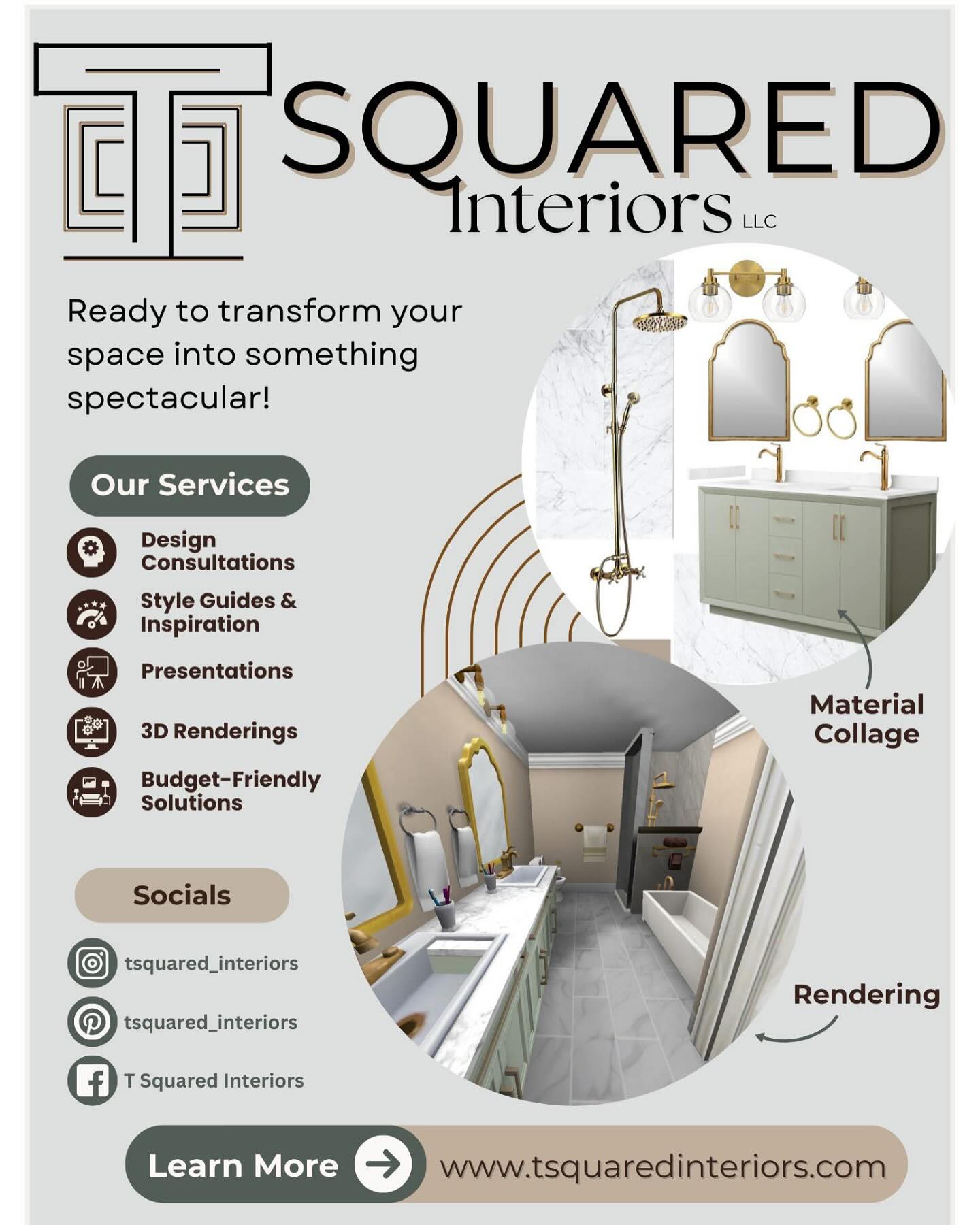 Transform your space with T Squared Interiors! From stunning material collages to realistic 3D renderings, we bring your vision to life. 🏡💡 Ready to design your dream space?
Let’s get started! ➡️ www.tsquaredinteriors.com
#InteriorDesign #DreamHome #TSquaredInteriors
