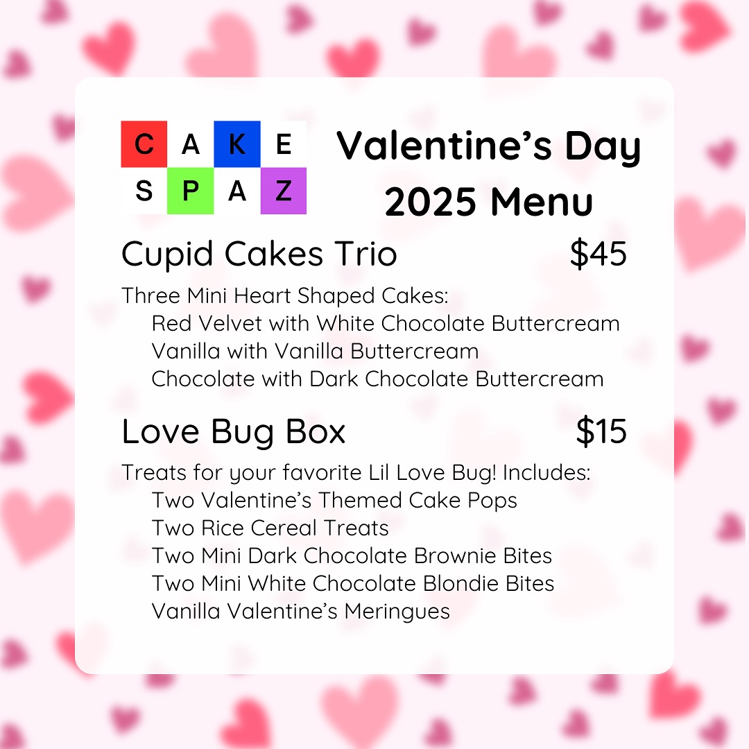 FIRST LOOKโฃ๏ธ CakeSpaz is here with Sweets for all your Sweethearts!
๐ Cupid Cakes Trio - 3 mini heart shaped cakes in Red Velvet Cake with White Chocolate Buttercream, Chocolate Cake with Dark Chocolate Buttercream, and Vanilla with Vanilla Buttercream. Only $45 for all 3!
๐ Love Bug Box - perfect for your favorite little love bugs! Includes 2 Valentineโs Themed CakePops, 2 Rice Cereal Treats, 2 Mini Dark Chocolate Brownie Bites, 2 Mini White Chocolate Blondie Bites, and Vanilla Valentineโs Meringues. Get all these sweet treats for only $15!
๐ Valentineโs Macarons - handmade almond and meringue French Macarons filled with Raspberry and Dark Chocolate Buttercreams. Get your box of 6 for $15!
๐ CakePop Bouquet - 6 Valentineโs themed cake, pops in Vanilla, Chocolate, and Red Velvet coated in White and Milk Chocolate dipping with holiday sprinkles.
๐ฆ Pick Up Wednesday and Thursday February 12th and 13th in Elk Grove and Greater Sacramento Area.
๐ For orders, inquiries, and more, message me here or email me at CakeSpaz@gmail.com!
๐๐๐๐๐๐
#cakespaz #valentinesday #vday #valentinesdesserts #valentinescake #vdaycake #holidaymenu #heartcakes #sacramento #elkgroveca #sacramentobakery #elkgrovebakery #smallbusiness #womanowned #boyfriendgifts #girlfriendgift #lovergift #cakepops #macarons #chocoholics #redvelvet #specialtycakes #vdayideas #desserts #sacramentodesserts #sacramentofoodie #raspberrydessert #chocolatedessert #redvelvetdessert #dessertbox