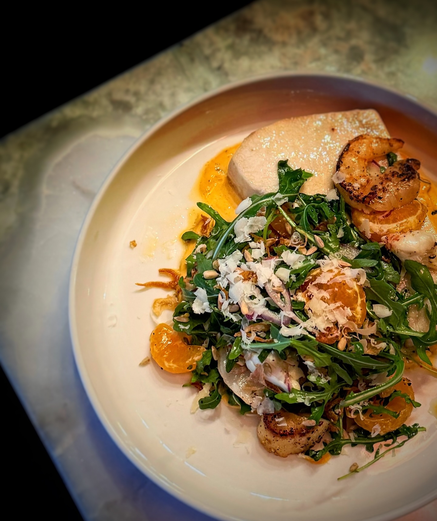 |Olive oil poached sword fish
|chili crisp aioli
|satsuma
|shellfish
|parmigiano