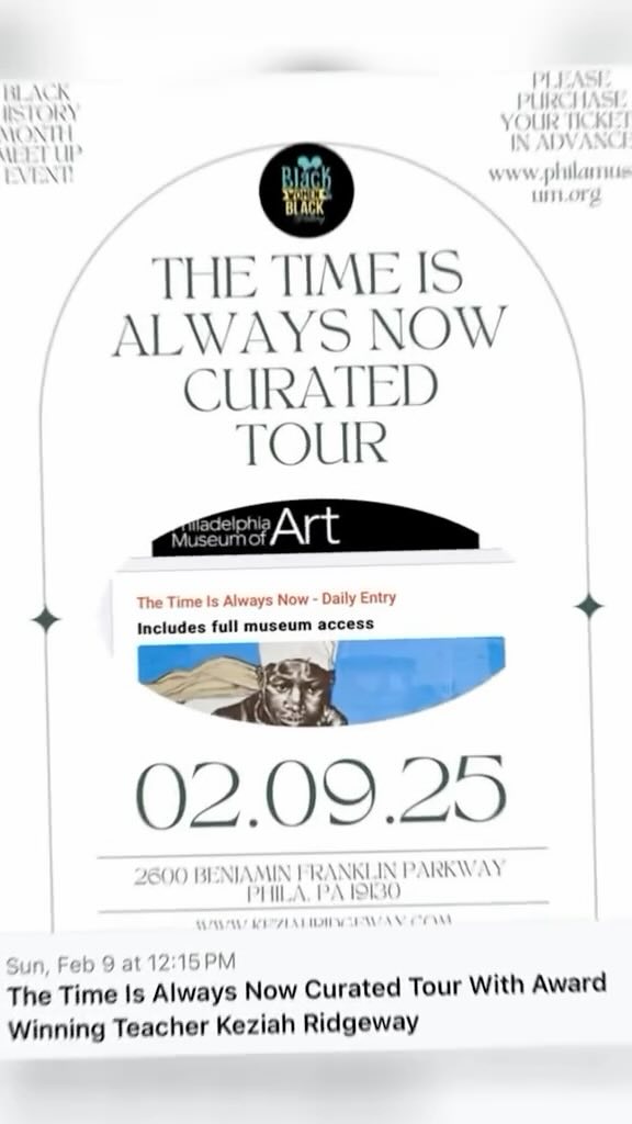 Curated Meetup Tour of “The Time Is Always Now” Exhibit. Meetup time will now be 12:15 (please arrive by 12:10, I’ll have name tags waiting for you).
I can only guarantee us being able to move as a unit with up to 20 folks. So please purchase your ticket ASAP and then email me at blackwomenblackhistory@gmail.com.
More details here: https://www.keziahridgeway.com/post/the-time-is-always-now-curated-tour-meetup-with-keziah-ridgeway
#blackhistorymonth #blackhistory