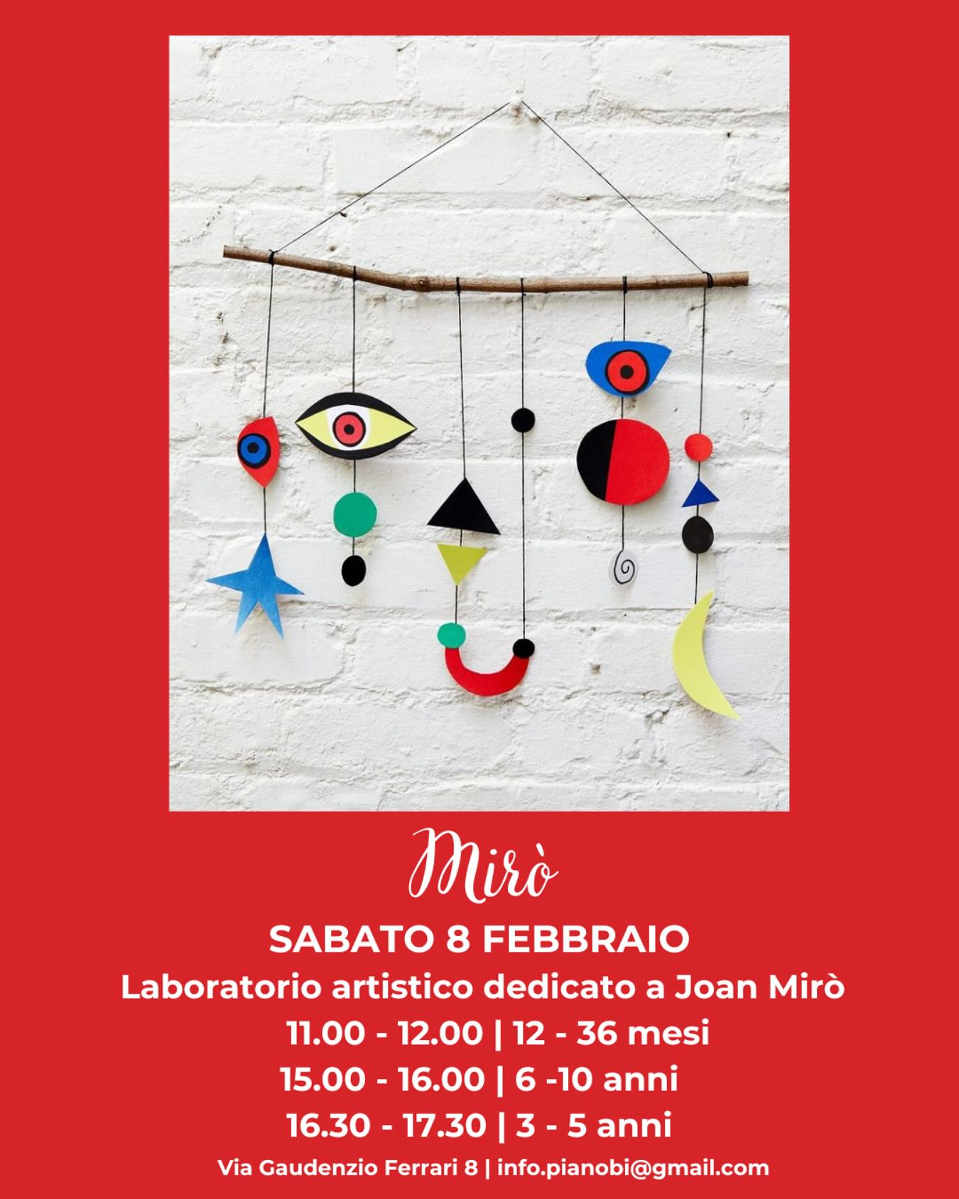 Tornano i nostri laboratori speciali!
Vi aspettiamo sabato 8 febbraio per una giornata dedicata a MIRÒ ✨
11.00-12.00 dai 12 ai 36 mesi
15.00-16.00 dai 6 ai 10 anni
16.30-17.30 dai 3 ai 5 anni
Per info e prenotazioni scrivi an info.pianobi@gmail.com 🤍
#artlab #artlaboratory