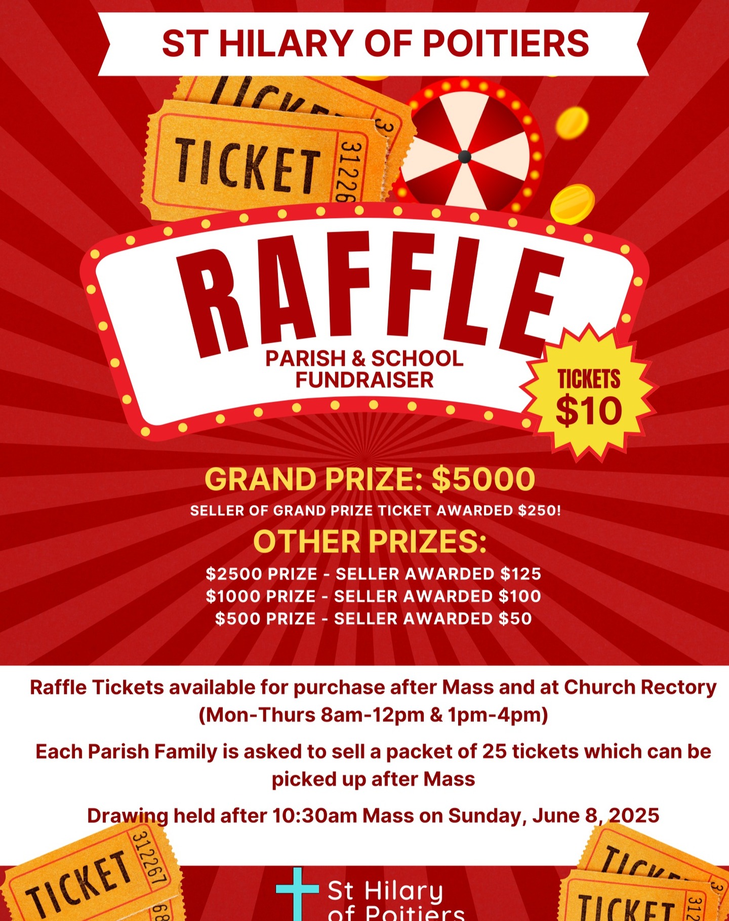 Parishioners and school families: Please pick up your packet of 25 tickets to sell after Mass and share this post with your family and friends. If you sell a winning ticket, you'll receive a cash award! We appreciate your help supporting our church and school @shs_rydal