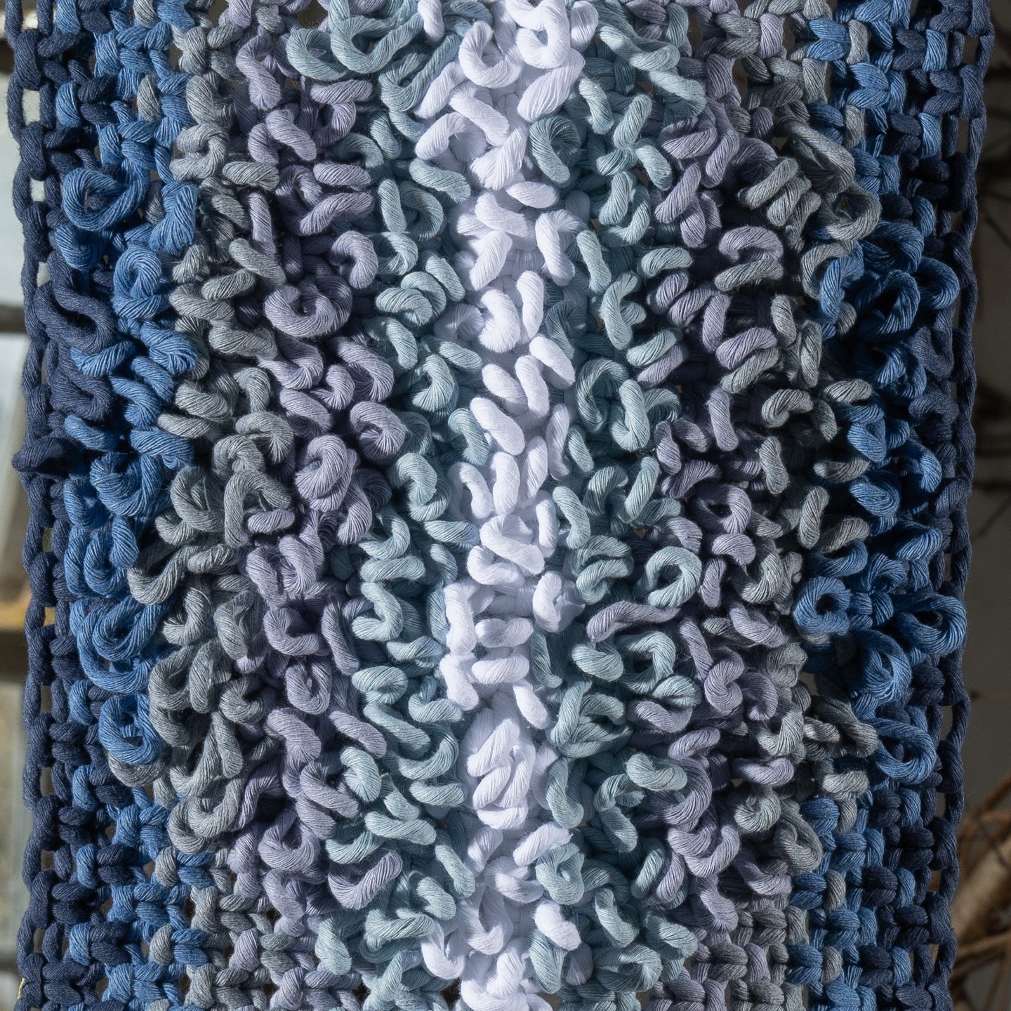 'A Shine of Blues' - handmade and unique piece of art work created using soft twisted cotton cords in a serene palette of blue hues. The design features textural macrame picots which contrast with the uniform square knotting and creates a sense of shifting visual elements.
Karenmorganart.com
Info@karenmorganart.com
#macrame #wallart #knotting #texturalart #wallhanging