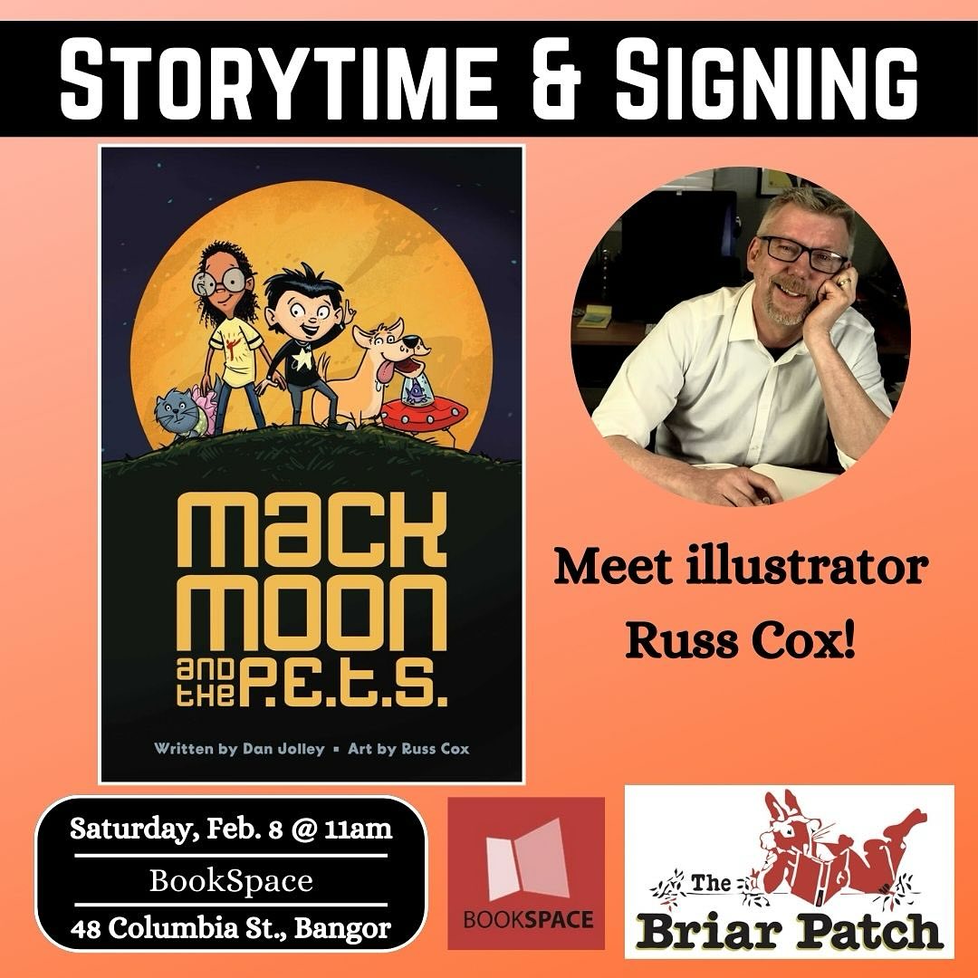 If you live near the Bangor, Maine area, I will be signing copies of my latest illustrated book, Mack Moon and the P.E.T.S. Stop by to pick up a copy and shop for other great books at The Briar Patch. #kidlit #kidlitart #graphicnovel #booksigning #illustration @briarpatchbooks @andrewsmcmeelkids