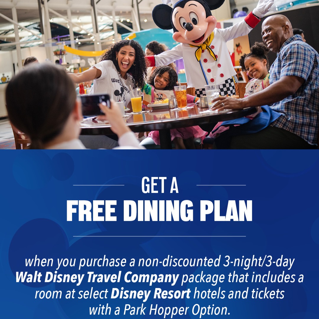 🥨🍔🥤GET A FREE DINING PLAN when you purchase a non-discounted minimum 3 night/3 day Walt Disney World Package that includes a room at select Disney Resort hotels and tickets with a Park Hopper Option. For arrivals most nights 5/27/25–6/26/25 and 7/7/25–8/6/25.