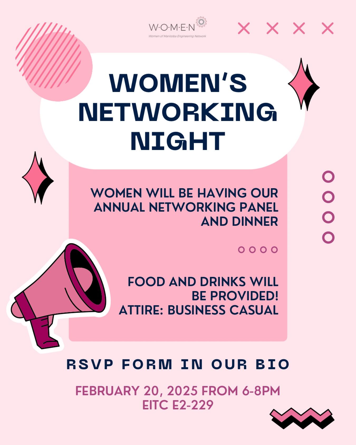 Hi all! We will be having our Annual Networking Panel & Dinner Event on February 20 from 6-8PM! This is a great opportunity for students to network with professional engineers in the industry, and make meaningful connections!
Food and drinks will be provided for the evening. This will take place at EITC E2-229!
RSVP is required for this event. The registration form can be found in our LinkTree!
See you all there!
