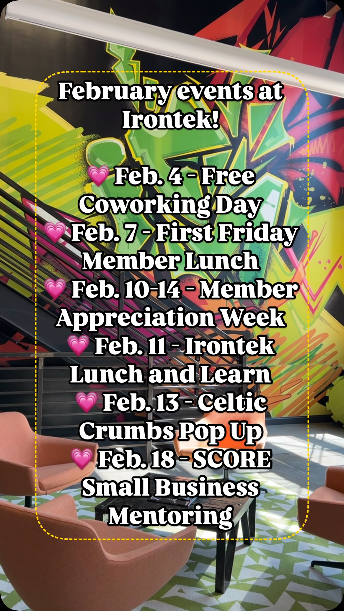 If you’re a member, you’re in for a treat this month! We are so excited to spoil our Irontek community during Member Appreciation Week (hello chair massages, sweet treats, and flower stations 🤭) in addition to other amazing events happening here this month!
Did you know that you can join membership at any time? All levels of membership are month to month and will be pro-rated if you don’t start on the 1st! Join now to take part in all the February fun! 💚