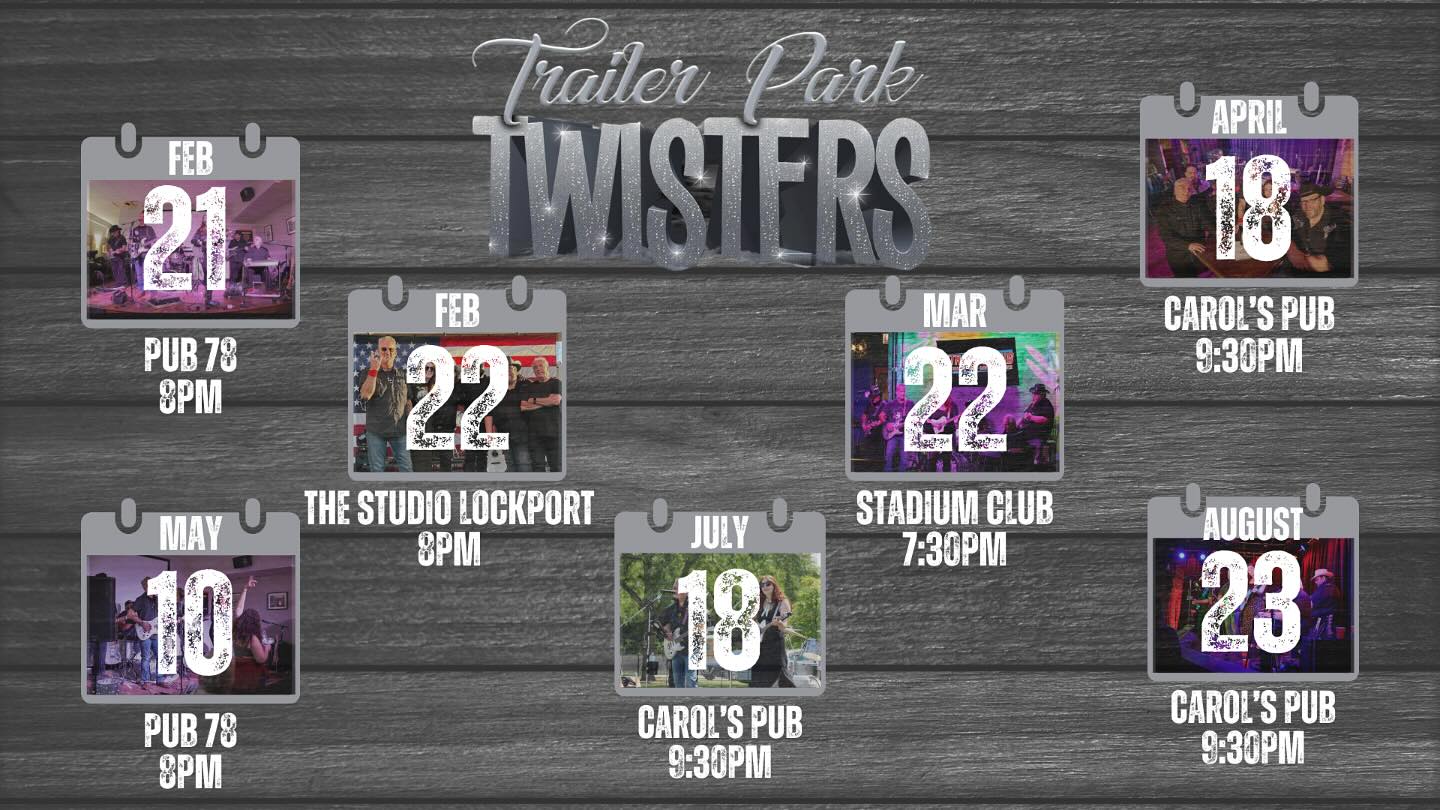 📢Trailer Park Twisters 2025 Schedule📢
Plenty of opportunities to see the Twisters this year with more to come! This month we’ll return to Pub 78 on the 21st and make our debut the following night at The Studio Lockport. Make sure to follow us on all social media platforms and subscribe to our email list to stay up to date with all TPT news!
See y’all soon!
#TrailerParkTwisters #Twisters #TPT #countrymusic #chicago #chicagocountry #livemusic #localband #livecountry #chicagomusic