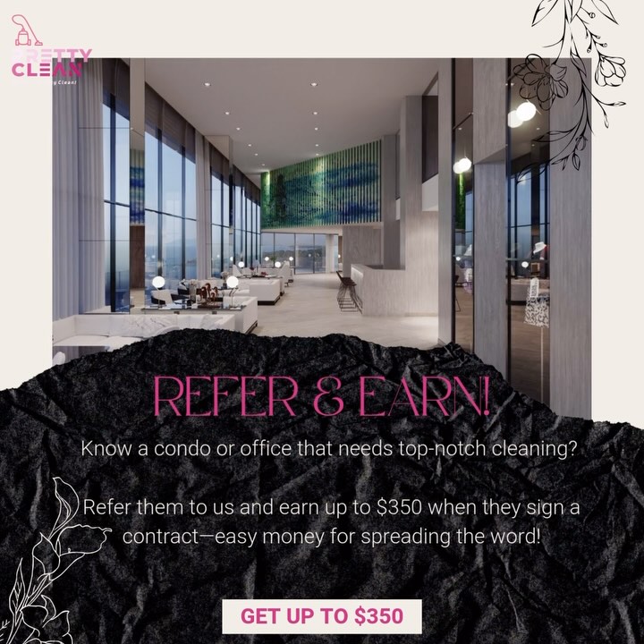 Refer & Earn 💸✨
How It Works:
Submit a Referral – Send us a Text or DM with your details and the contact information of the business you’re referring. (Ensure they’re aware of the referral!)
We Connect & Quote – Our team will reach out to discuss their cleaning needs and provide a customized service quote.
They Sign a Contract – Once the referral signs a cleaning contract meeting our minimum terms, you get paid!
Payout Details:
$350 for contracts of $5,000/year or more
$200 for contracts between $3,000 - $4,999/year
$100 for contracts between $1,500 - $2,999/year
Bonus Offer: Refer 3 businesses that sign contracts, and receive an extra $100!
Who Can Refer?
Current clients, employees, friends, and business partners.
No limit—refer as many businesses as you like!
Terms & Conditions:
The referred business must be a new client and not already in discussions with us.
Payments are issued 30 days after the first cleaning service is completed and the first invoice is paid.
If multiple people refer the same business, the first one to submit the referral gets credit.
Pretty Clean reserves the right to modify or cancel the program at any time.
Ready to Earn?
Submit your referral today and start earning!
Questions? Contact us at 416-575-2956.