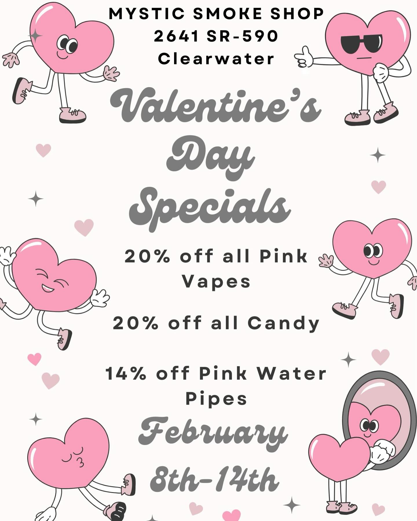 💕 Love is in the air… and so are the deals! 💨 Celebrate Valentine’s Day with sweet savings at Mystic Smoke Shop! 20% off pink vapes & candy, and 14% off pink water pipes from Feb 8-14. 💗 Stop by and treat yourself or your Valentine! 💝 #ValentinesSpecial #MysticSmokeShop #SweetDeals