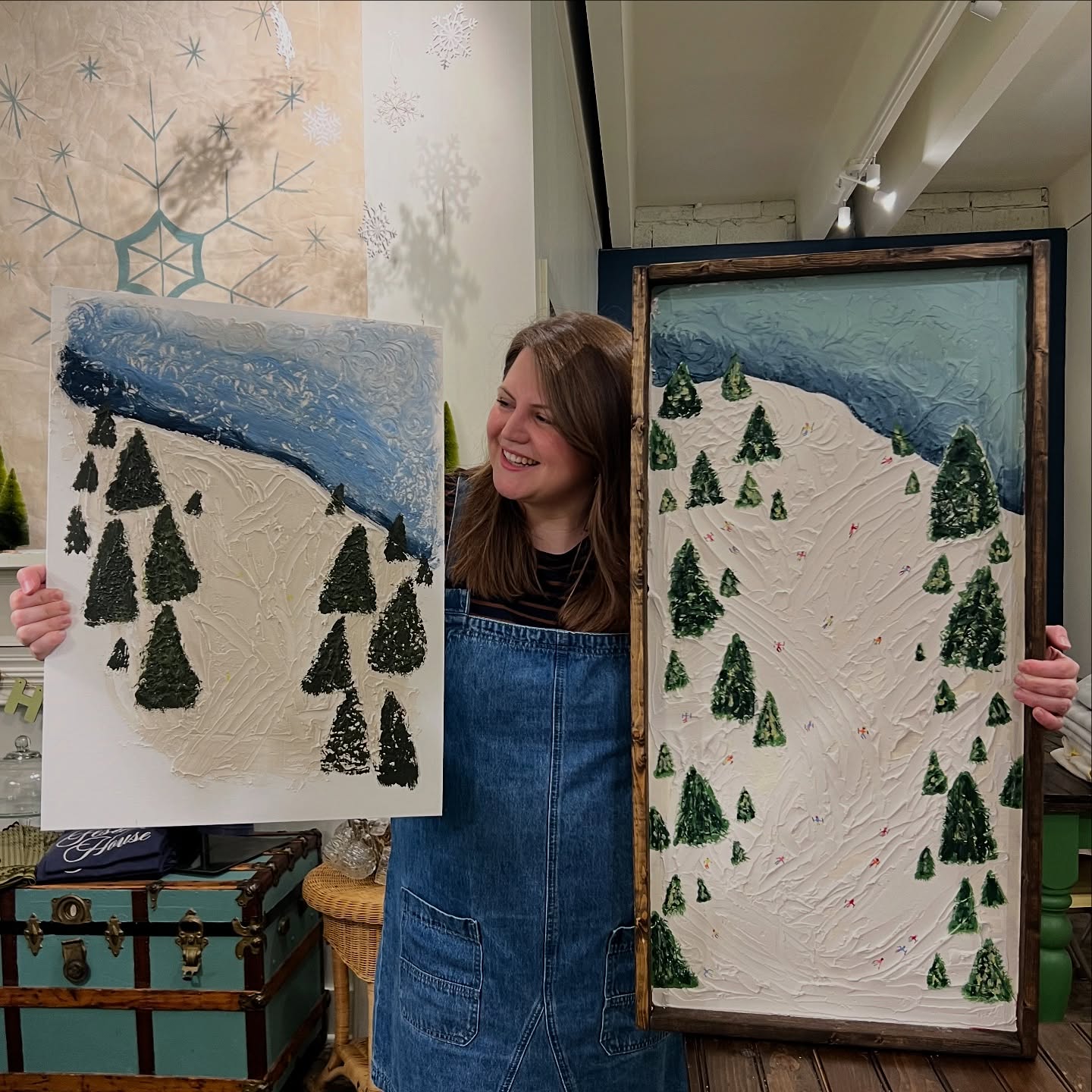 It’s scary trying something for the first time, but the second? There’s a reason they say “This ain’t my first rodeo,” and I think it’s because doing something new is WAY different than inviting someone else and teaching someone else to do something new with you. My first painting is on the right and my second one I painted while teaching is on the left. One took more courage than the other.
The Festive House is the place for trying new things this year and making your home a festive place to live, gather, and celebrate. Stay tuned for news about our next workshop!
#secondrodeo #painting #creativearts #localartists #trysomethingnew #letsbebravetogether #festivehouse #festiveathome