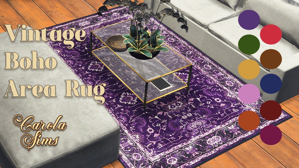 .
.
Vintage Boho Area Rug
Purple color
.
The vintage bohemian-style rug is essential for sprucing up your Sims' homes. It has intricated geometric patterns and vibrant designs that'll add an exotic touch to any living space, making it ideal for bedrooms, living rooms, home offices, and dining areas.
Comes in 9 other swatches, 10 colors total
#sims4 #sims4cc #sims4decor #sims4design #simstagram #sims4house #sims4build #sims4housedecor #rugs #mats #carpets