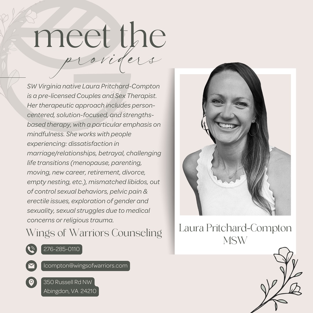 We’re excited to introduce Laura Pritchard-Compton, a pre-licensed Couples and Sex Therapist at Wings of Warriors Counseling! Laura believes everyone has the inner wisdom and strength to heal themselves, and her role is to help guide you toward discovering that power.
With a special focus on Couples and Sex Therapy, Laura is passionate about guiding individuals and couples through their most challenging dilemmas, helping them find a space of freedom, hope, and expansive love. 💖 She works with people facing a wide range of issues, including relationship dissatisfaction & betrayal, life transitions (menopause, parenting, retirement, divorce, etc.), mismatched libidos, sexual struggles, and pelvic pain, gender and sexuality exploration, and much more!
With a person-centered, solution-focused approach and an emphasis on mindfulness, Laura fosters a compassionate, inclusive space where healing and growth can happen.
Currently working under the supervision of Tamara Pincus and Lori Long, Laura is here to help you create deeper connection and fulfillment in your relationships. Learn more about Laura at:
📞 276.285.0110
🖥️ www.wingsofwarriors.com
📧 lcompton@wingsofwarriors.com
#LauraPritchardCompton #CouplesTherapy #SexTherapy #RelationshipSupport #Mindfulness #PelvicHealth #HealingJourney #GroveHealthCollective