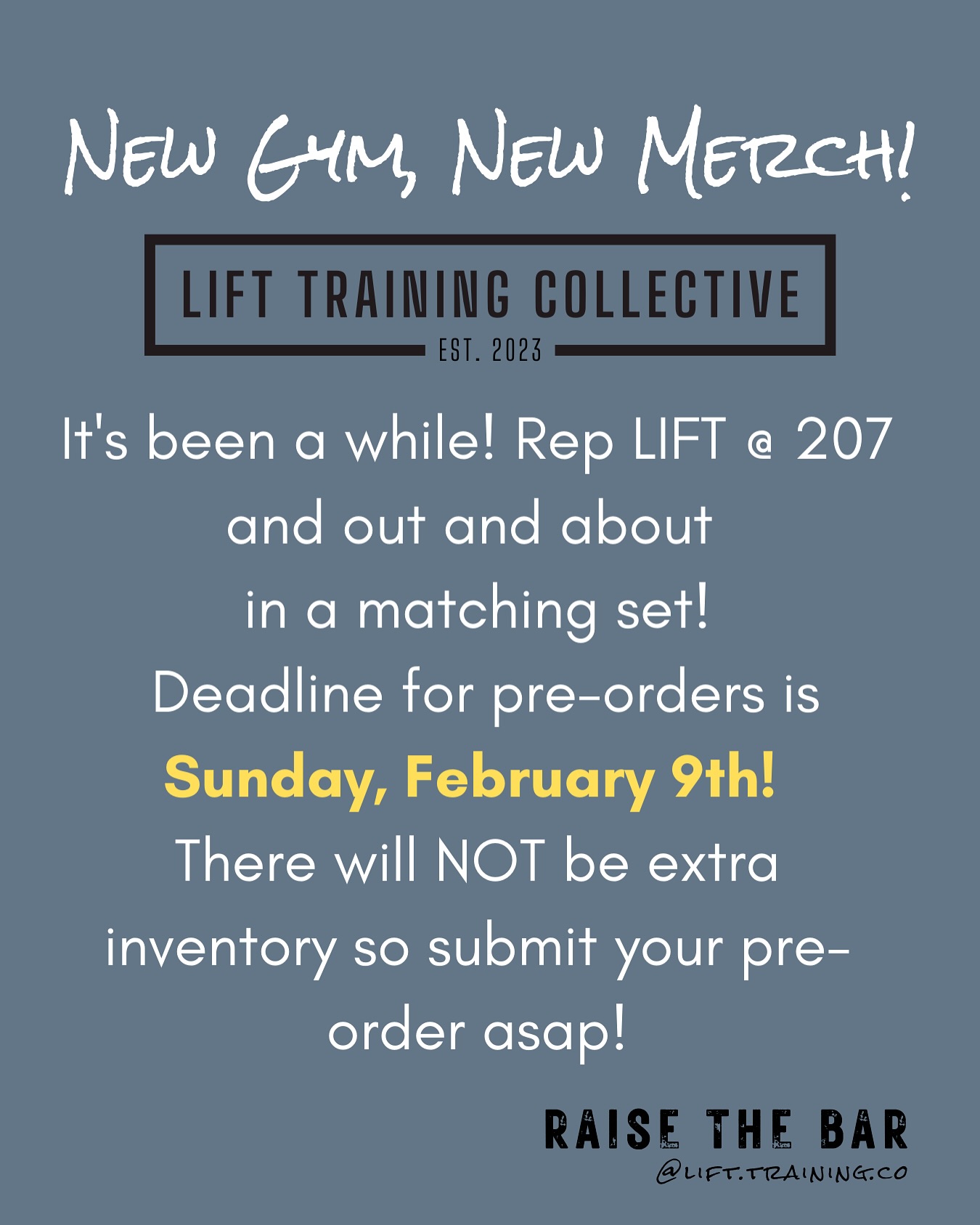 2025 Merch Drop & Giveaway! 🔥
•
Attention all members and non-members, our Winter ‘25 Collection is LIVE for purchase. As a thank you for everyone’s support, we are giving everyone an opportunity to get FREE LIFT swag by doing the following:
For MEMBERS:
* Like
* Comment
* Leave us a Google review (link in our bio)
For NON-MEMBERS:
* Like
* Comment
* Follow
* Tag 3 people
The winner will be drawn SUNDAY, FEBRUARY 9TH! Not everyone can win, so for those who want to rock some LIFT swag, the pre-order form is also located in our bio. We are only keeping this open until February 9th as well, so make sure to put your orders in ASAP! This is our most comfortable collection yet, and we can’t wait to see all of you rocking it! 💪
RAISE THE BAR!