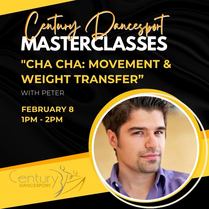 Masterclasses Saturday, February 8! 1pm - 2pm: ChaCha movement and weight transfer with @ballroomwithpeter ! 2:15 - 3:15pm: Smooth rhythm and musicality with @sergio__brilhante !