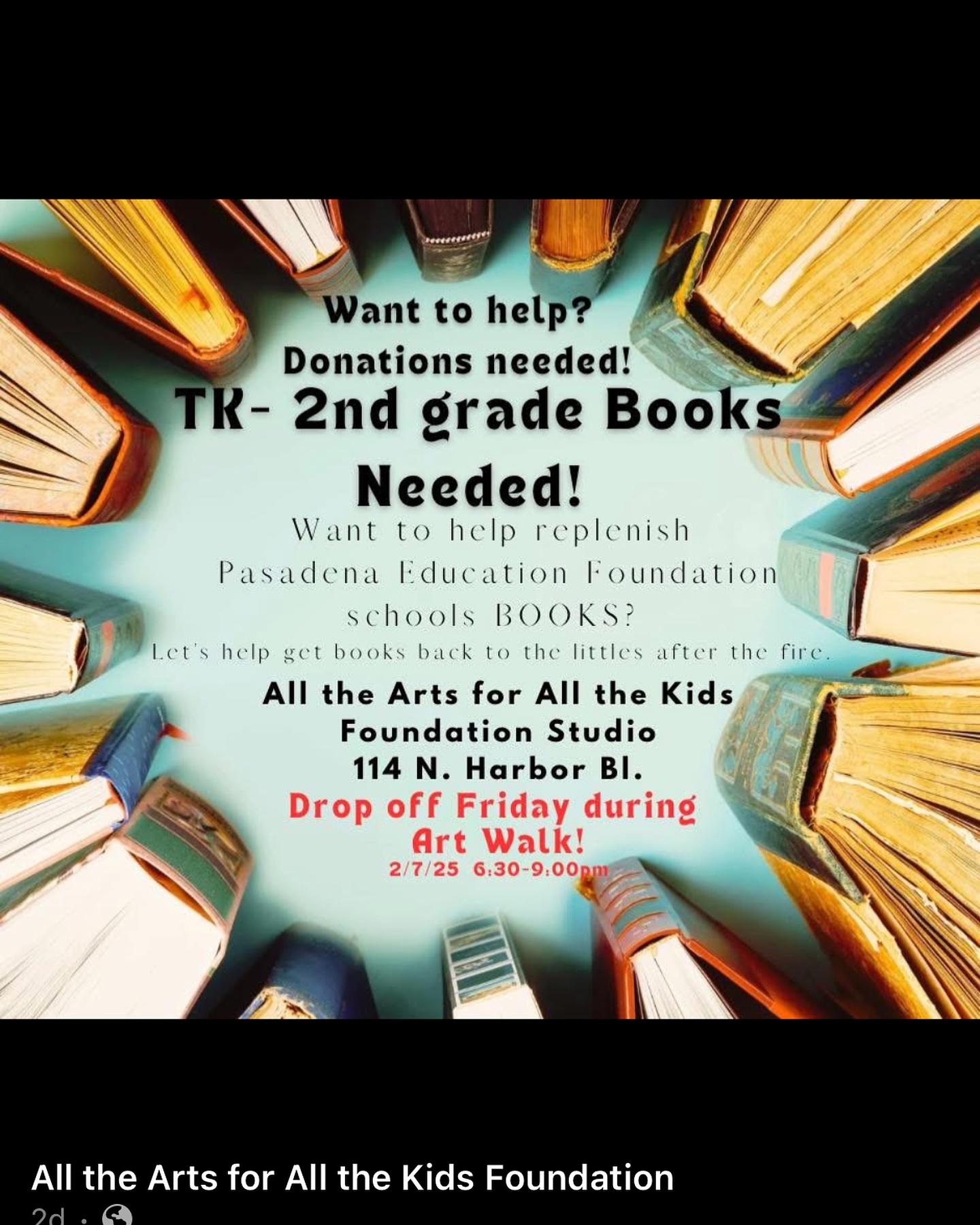 All the Arts is hosting a book drive tonight to support an elementary Altadena school that was lost in the Eaton fire. Sharing for those who might like to donate 📚📚
