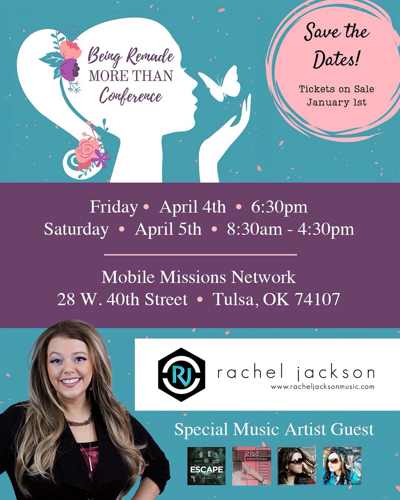 Register here for the EARLY BIRD TICKETS to the Being Remade MORE THAN Conference
https://churchinsideout.churchcenter.com/registrations/events/2665460?fbclid=IwY2xjawIR7CZleHRuA2FlbQIxMAABHUkttcla8WpKFvwbNvbF1gW_DgSQ4iia5WAt6VCobfn-qe5zSjta0gTprw_aem_496qX3t6Pv2dFAKl_oWqtQ
Friday | April 4th | 6:30pm
Saturday | April 5th | 8:30am - 4:30pm
Mobile Missions Network
28 W. 40th Street. | Tulsa, OK 74107
Rachel Jackson as Special Music Artist Guest
www.racheljacksonmusic.com @mobile.missions.network @beingremade #musicianary #healing #purposeinthepain