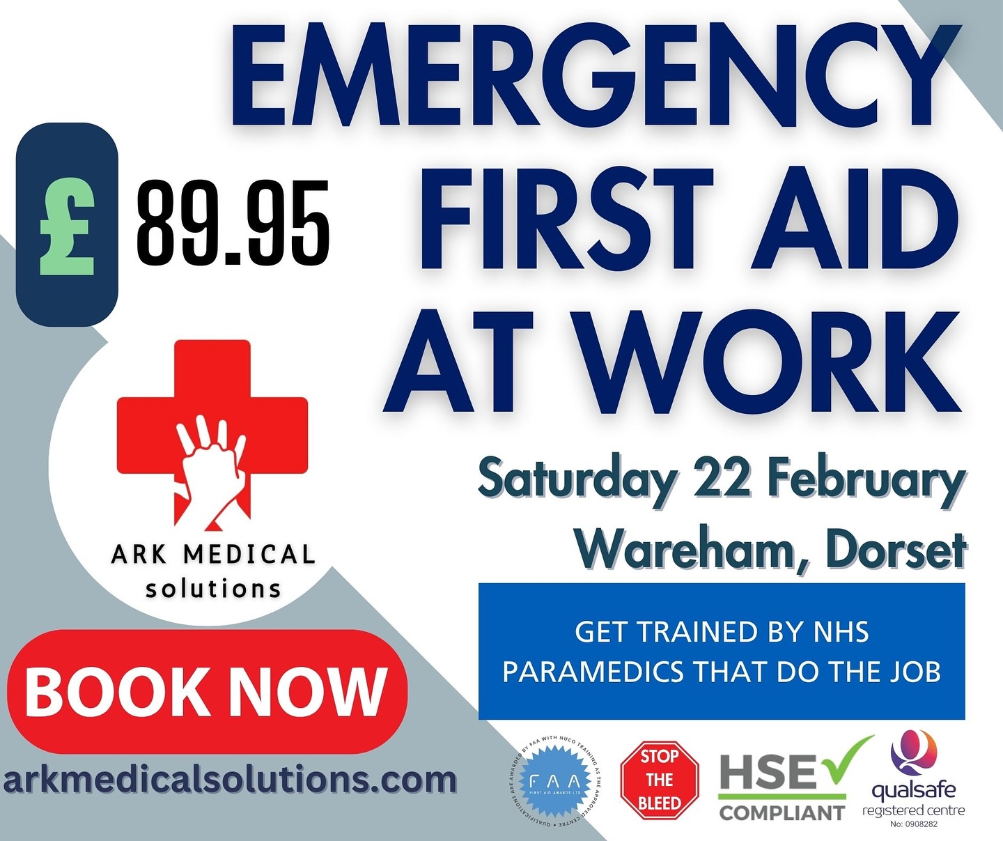 Come get trained by NHS paramedics that do the job, not instructors who never have. Earn your Emergency First Aid at Work L3 qualification with us for just £89.95.
If you want to bring a friend, or more, contact us to book and we’ll discount the whole group 10%