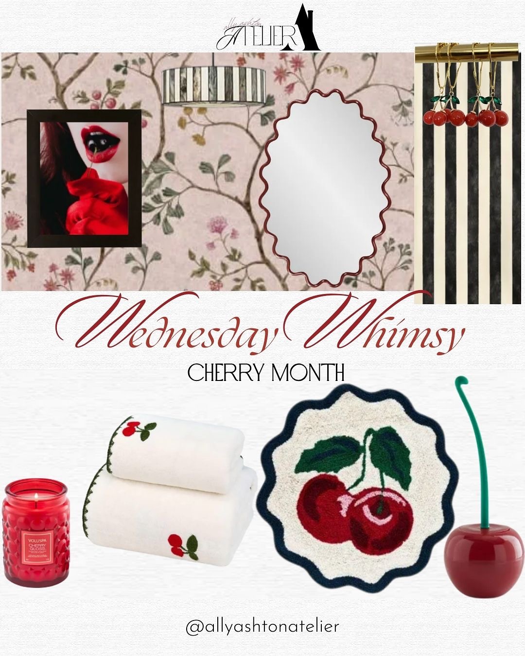 Is anyone else kind of OBSESSED with cherries? Because same! Well good thing it’s Cherry Month! 🍒✨
These decor items are just the cherry on top of a perfectly whimsical room. Once again @urbanoutfitters has come in clutch for this Wednesday Whimsy. Even things like a toilet brush don’t have to be so boring and basic. (I mean if you have to scrub a toilet, at least make it a LITTLE fun, amirite?!)
My personal fave is the Cherry Shower Curtain Rings. What’s your favorite?
✨ @rebelwalls - Song Tree, Pink Cherry Wallpaper
✨ @society6 - Cabana Stripe Shower Curtain
✨ @amazonhome - Cherry Shower Curtain Rings
✨ @allmodern - Modern Wavy Framed Oval Mirror
✨ @lampsplus - Robert Louis Tiffany Pendant Light
✨ @anthropologie - Maeve Cherry Tufted Bath Mat
✨ @urbanoutfitters - Haille Kern ChChCherry Art
✨ @amazonhome - Coral Velvet Towels
✨ @urbanoutfitters - Cherry Toilet Brush
✨ @voluspacandles - Cherry Gloss Candle