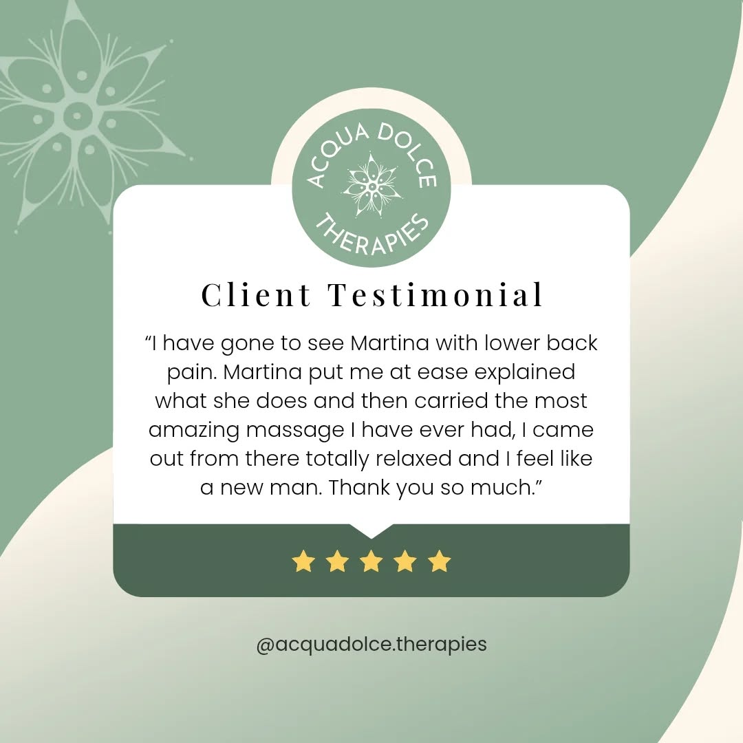 New Client Testimonial ⭐⭐⭐⭐⭐
Thank you to all my clients who spent some time in the past to leave me a review!
Your feedback means a lot to me and helps me continue to provide the best massage therapy experience possible. 😊🌺
If you've visited Acqua Dolce Therapies and enjoyed your session, I would truly appreciate it if you could take a moment to leave a review on Facebook or Google. Your support not only helps my small business grow but also helps others discover the benefits of our services
🌟 you can leave a review just by visiting the link in my BIO 🌟
Thank you for being an essential part of my journey!
Martina x
.
.
.
.
.
#acquadolcetherapies
#acquadolceholisticmassage #acquadolce #acquadolcehereford #herefordshire #hereford #herefordmassage #herefordmassagetherapy #herefordholistic #holisticway #acquadolcemassage