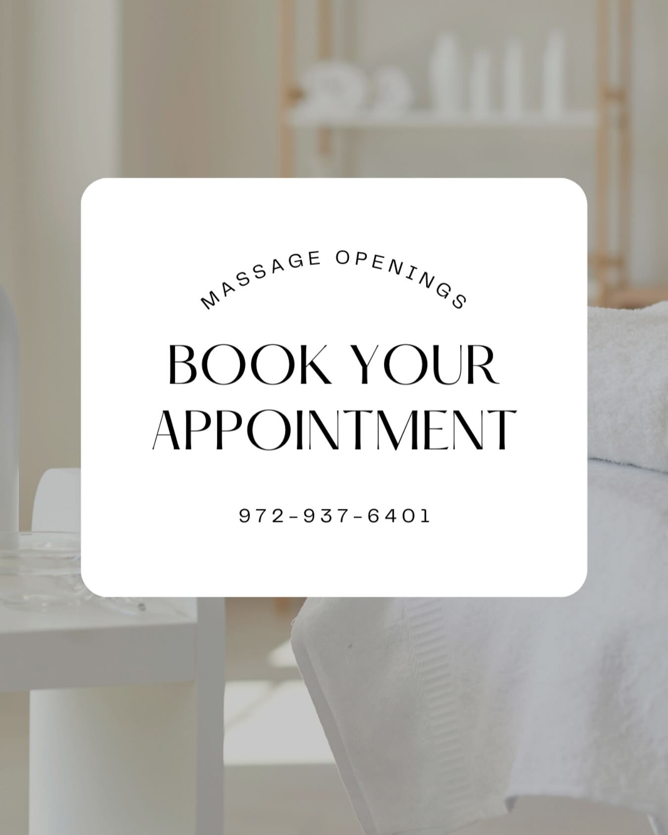 Valentine’s Day massage special! Book now and receive $10 off when you mention this post. Secure your appointment by calling 972-937-6401! We look forward to seeing you!
Available slots:
2/8• 11am
2/12• 11:30am, 1pm
2/15• 12:15pm
