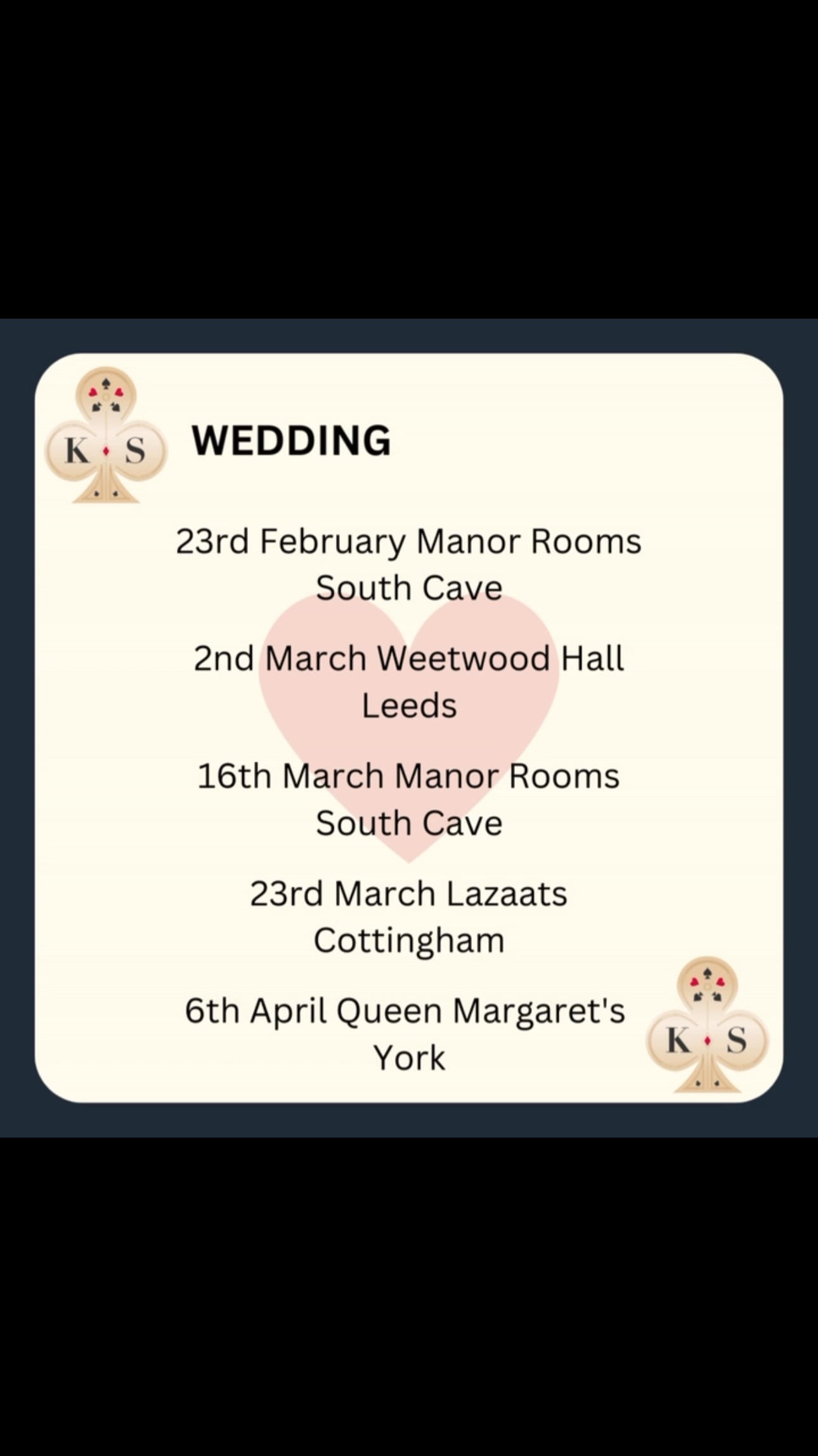 Hello everyone.
I have been meaning to post about my upcoming wedding fairs so here we are.
I am hoping to add to this list during the year so please do keep an eye out for where you can come and see me❤️
I have tagged in all the venues so you can get further info or of course send me a message and I can find out the information for you ❤️
I will of course be posting separately about each one as we get closer to the dates ❤️
If you are looking to book a magician for your wedding or party then feel free to come and see me and I can go through all the different options with you and I will even show you a trick or two ❤️
Feel free to share this post on your socials, I will be very grateful ❤️