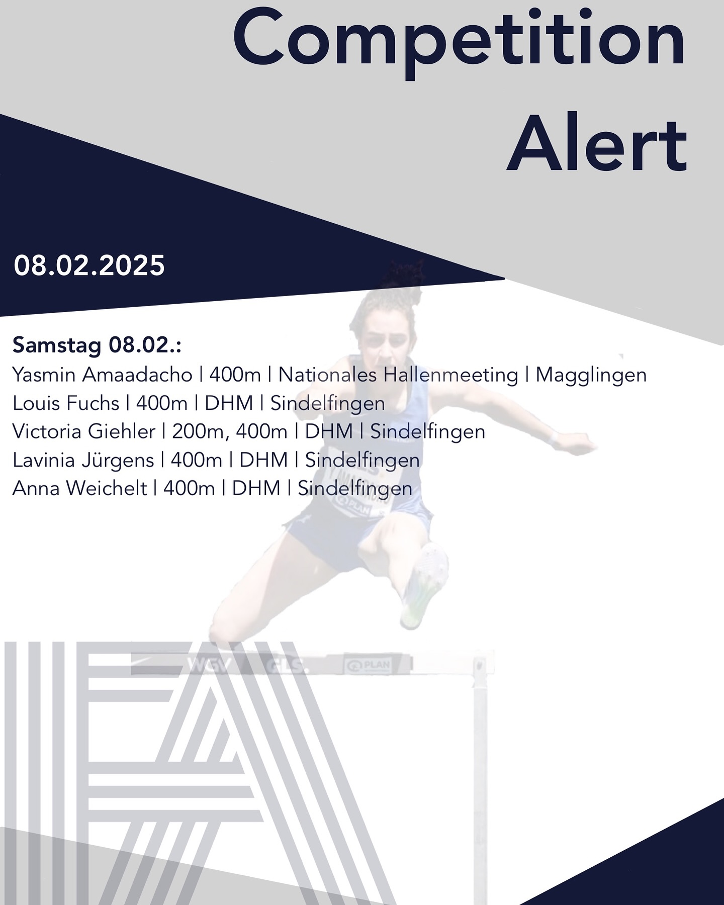 Am heutigen Samstag sind wieder einige FA-Athleten am Start 🔥.
Zum Saisoneinstieg läuft @yasmin.amaa heute in der Schweiz beim Nationalen Hallenmeeting 400m 🍀!
Bei den Deutschen Hochschulmeisterschaften sind ebenfalls einige unserer Athleten am Start und vertreten ihre Unis:
über 200m und 400m @vicky.ghlr
über 400m @__louisfuchs__ , @lavinjajurgens und @anna_14_03
Wir wünschen viel Erfolg und freuen uns auf tolle Ergebnisse 👏💪.
#FA #frankfurtathletics #germanyathletics