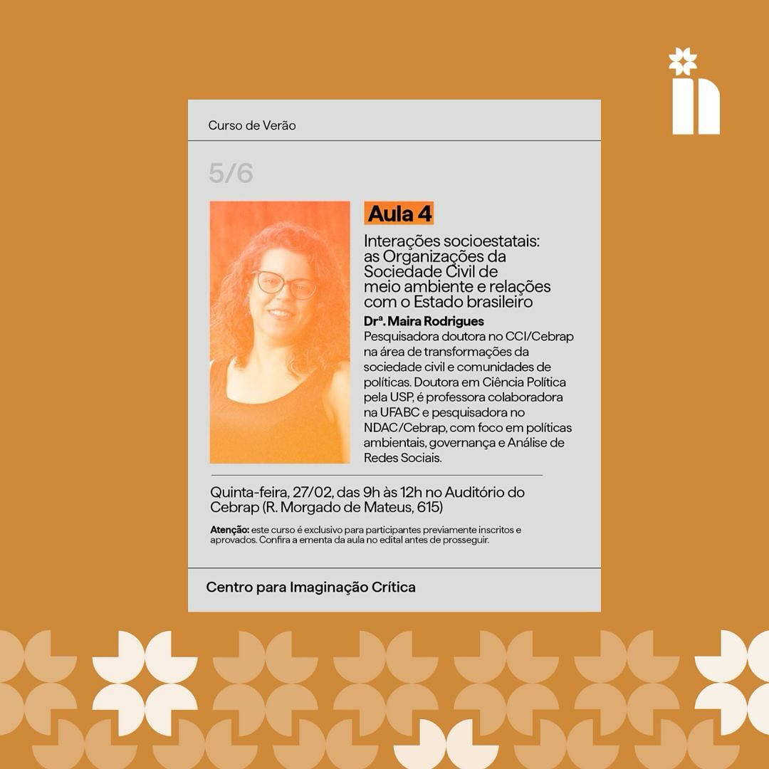 O CCI Summer School 2025 está chegando, e nesta edição destacamos a participação de Maira Rodrigues, pesquisadora do NDAC, na trilha “Estado, esfera pública e religião” junto à Profa. Dra. Paula Montero, Dr. Aramis Luis Silva e Profa. Dra. Ana Claudia Teixeira.
📌 A programação completa da trilha inclui:
Profa. Dra. Paula Montero - Gênese e configurações
da esfera pública secular. Uma análise do pluralismo religioso no Brasil pós-1988 e seu impacto na configuração da esfera pública.
Dr. Aramis Luis Silva - Religião como experiência de comunicação pública: o caso do agrocristianismo brasileiro. O papel da religião na disputa de sentidos na esfera pública e sua relação com o agronegócio.
Profa. Dra. Ana Claudia Teixeira - Transformações das tecnologias de comunicação e impactos sobre a esfera pública. Como as TICs alteram a política institucional, a participação social e os movimentos coletivos.
Dra. Maira Rodrigues - Interações socioestatais: as OSCs de meio ambiente e relações com o Estado brasileiro. O papel das Organizações da Sociedade Civil na política ambiental e sua relação com o Estado.
O curso acontece de 24 a 27 de fevereiro, das 9h às 12h, no Cebrap, e as inscrições se encerram hoje.
Confira a programação completa e participe.
