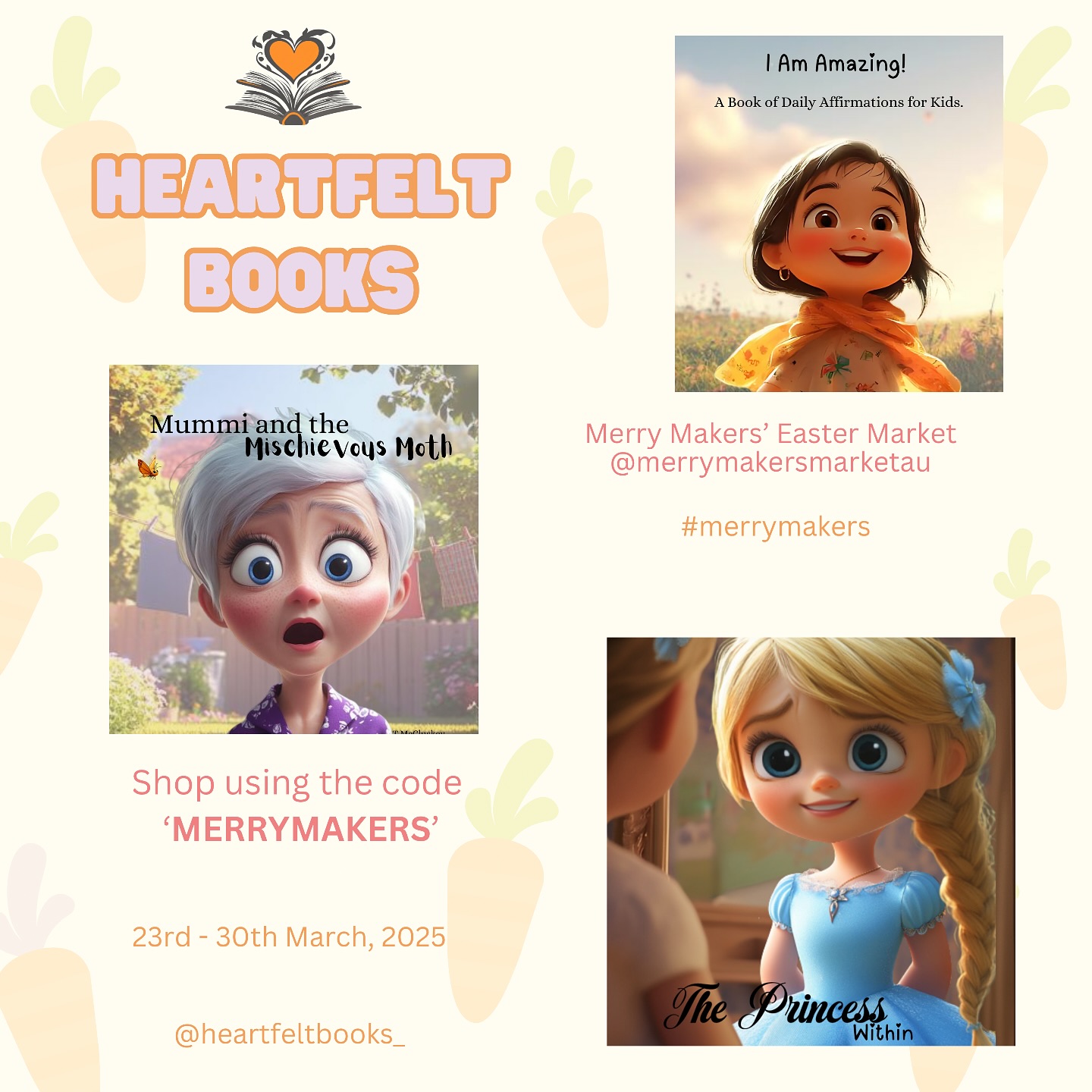 Did you hear???
The @merrymakersmarketau Easter Market is coming soon, the perfect opportunity to shop for Easter AND Mother’s Day gifts in one place from over 60 Aussie Small Businesses. 🙌🏻
There will be 15% off selected items so mark your calendar for the 23rd - 30th March 🐰🥕
Anyone else super excited for Easter?? 🐣
#reading #childrensbook #easter #2025 #smallbusiness #sale #eastermarket #merrymakersmarketau #aussie #author #read #book #selflove #funny