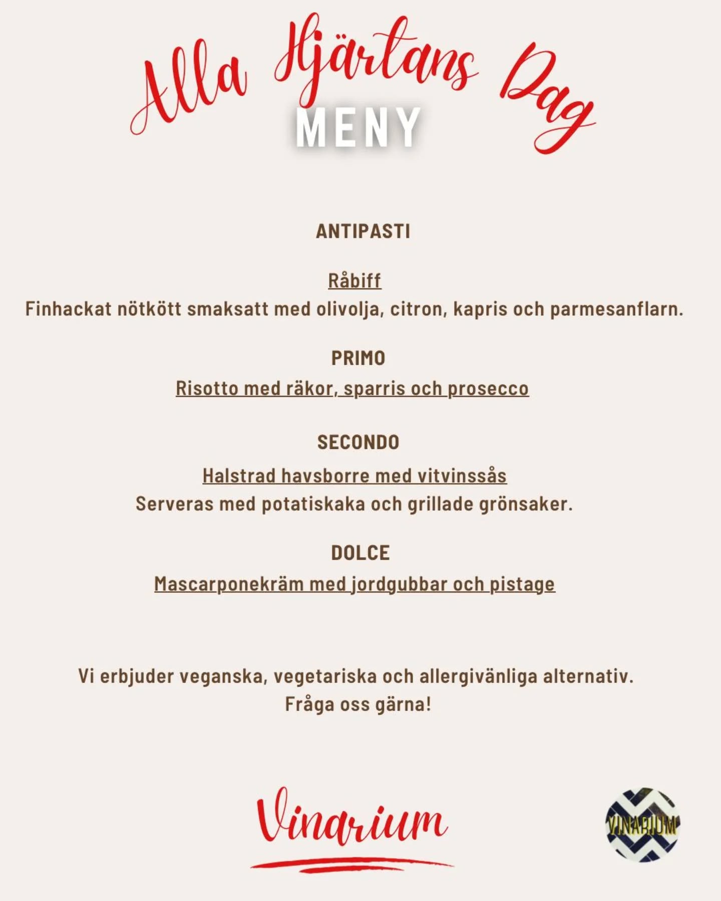 Alla hjärtans dag meny💝
▪️4 rättersmeny 595:-
▪️3 rättersmeny 495:-
▪️Vinpaket 495:-
För ytterligare frågor kontakta oss via instagram PM eller info@vinarium.se