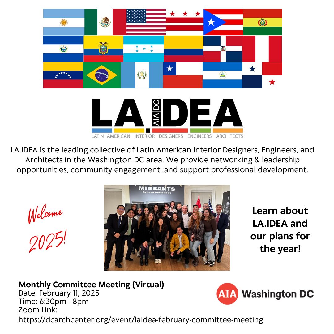 📣📣✨✨Calling all architects, designers, and engineers! Join our AIADC LA.IDEA virtual committee meeting tomorrow February 11 2025 at 6:30pm. Zoom link via the AIADC link in our bio.
#laideadc #laidea #dcarchitecure #aiadc #latinoarchitects #latinosinarchitecture #architecturedc