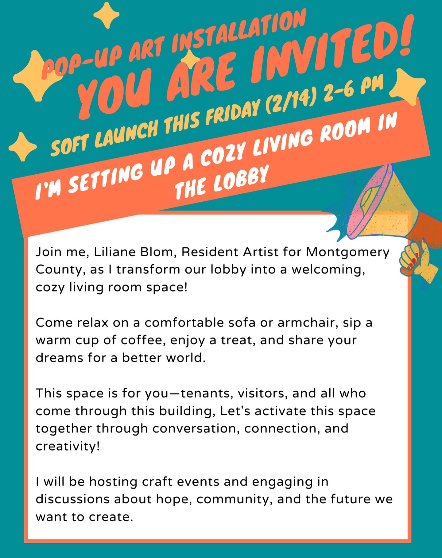 Hello friends and art lovers! A public pop-up living room space is coming to Westfield Wheaton South @ 11002 Veirs Mill Road.
Join me for some hearty ❤️fun for the soft opening on Friday, February 14th from 2 to 6 PM. Coffee and heart-shaped waffles for those who stop by for a chat. I'm collecting books to give away, so if you have any novels, poetry, picture books, or kids' books (all languages welcome), bring them along, and thank you!