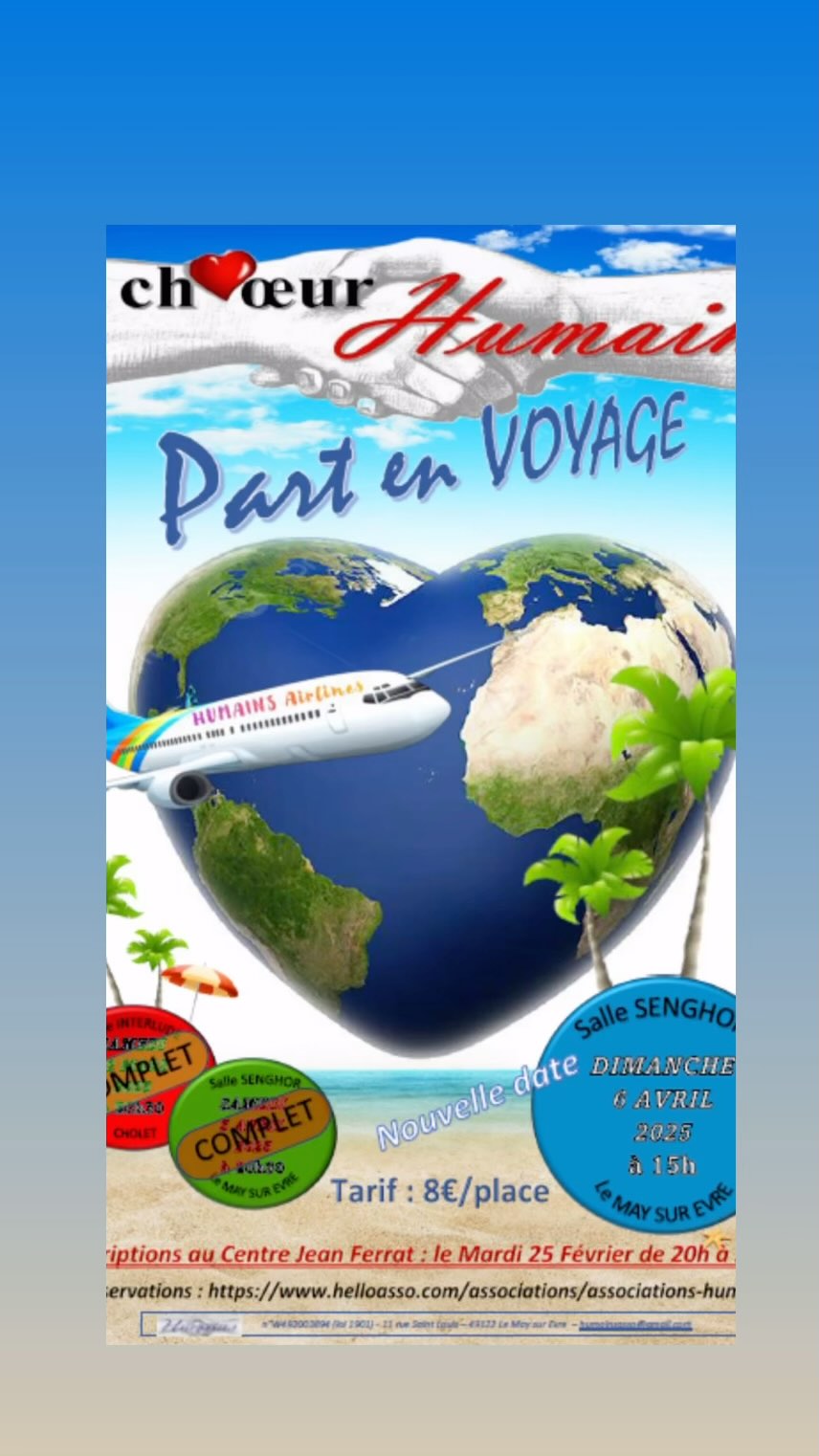 Date supplémentaire pour le concert du « Chœur HUMAINS » au May sur Evre 😁😁😁 Les 800 places pour les concerts du 22 mars à Interlude à Cholet et du 05 avril au May sur Evre se sont vendus en quelques jours 😅 Nous avons décidé d’ajouter un concert le dimanche 06 avril à 15h. Pour tous ceux qui ne sont pas à l’aise avec les réservations en ligne, vous pourrez venir réserver vos places, le mardi 25 février de 20h à 20h30 à la salle Jean Ferrat au may sur evre. Toutes les places restantes seront mises en vente dès le lendemain sur Helloasso. Au plaisir #lemaysurevre #interlude #cholet #chorale #assohumains