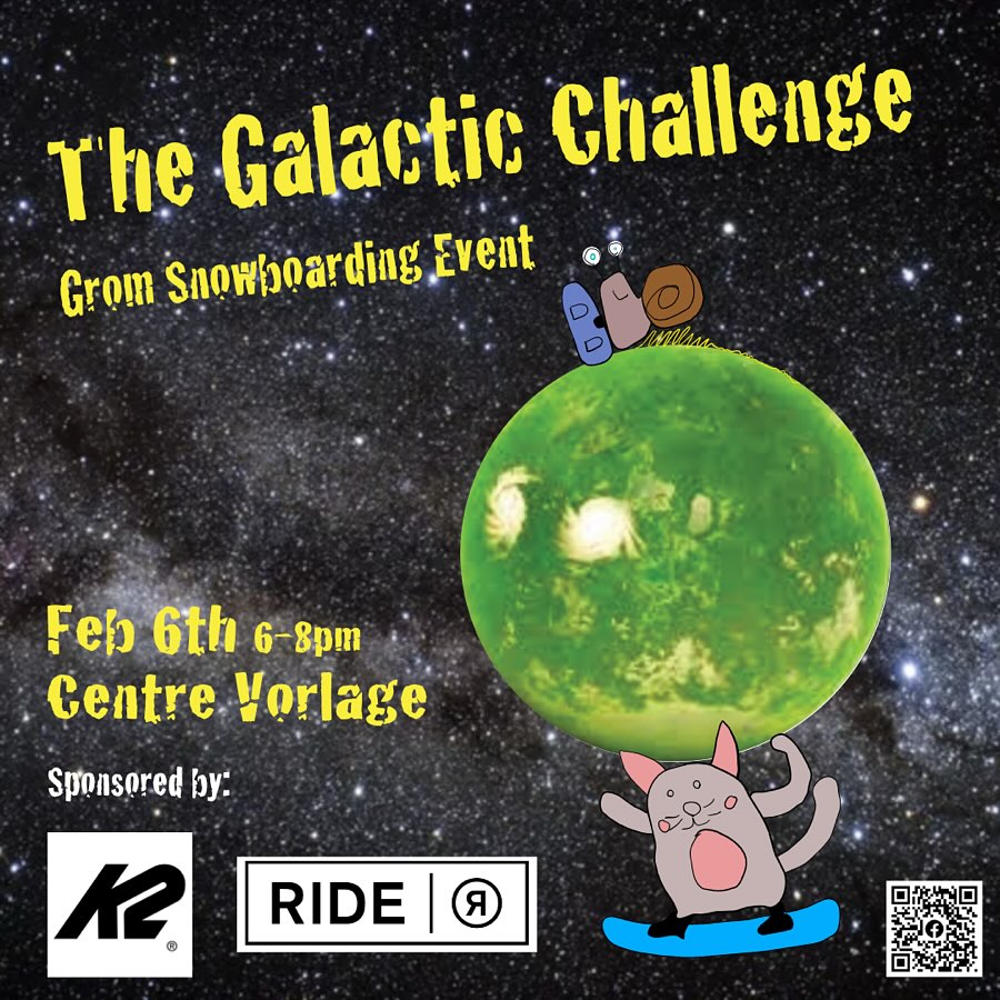 Don’t miss the Galactic Challenge this Thursday! This fun scavenger based snowboard event is great for all skill levels!
Registration in the Hub (bar) upstairs from 5:30-6:15pm.
Event: 6:30-7:30
Prizes: 7:30-8:00
Prizes from K2, Ride, Capita, Coal and Union!!!
30% off discounted tickets available for participants of Gathering and Parents courtesy of @centre_vorlage