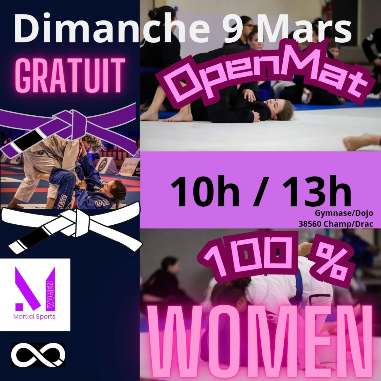 🥋🔥💯 OPEN MAT BJJ 100% FÉMININ 💯🔥🥋
➡️ Préparez-vous à vivre une expérience unique de Jiu-Jitsu Brésilien entre femmes !
➡️ Rejoignez-nous le 9 Mars 2025, de 10h à 13h chez Martial Sports, situé au Gymnase, Chemin des Gonnardieres, Champ sur Drac, 38560.
➡️ Que vous soyez débutante ou ceinture noire, cet open mat est fait pour vous !
Entraînement, échanges et convivialité garantis.
➡️ Présence exceptionnelle déjà confirmée de ⚫ Black Belt ⚫ comme @panda_jjb 🐼, @sosnakie 🐍 pour partager leur expérience compétitrices et vous donner de précieux conseils.
Ne manquez pas cette occasion de vous dépasser, de rencontrer d'autres passionnées et de progresser dans une ambiance 100% féminine !
Places limitées ! Inscrivez-vous vite en envoyant un message privé à @martial.sports
#bjj #jiujitsuféminin #openmat #martialarts #grenoble #champsurdrac #artsmartiaux #selfdefense #féminité #empowerment
#jjb #bjjgirls #jiujitsulifestyle #femmesbjj #bjjwomen #artmartialpourtoutes #sportdecombat #entraînement #motivation #dépassementdesoi #rencontre #partage #convivialité #france