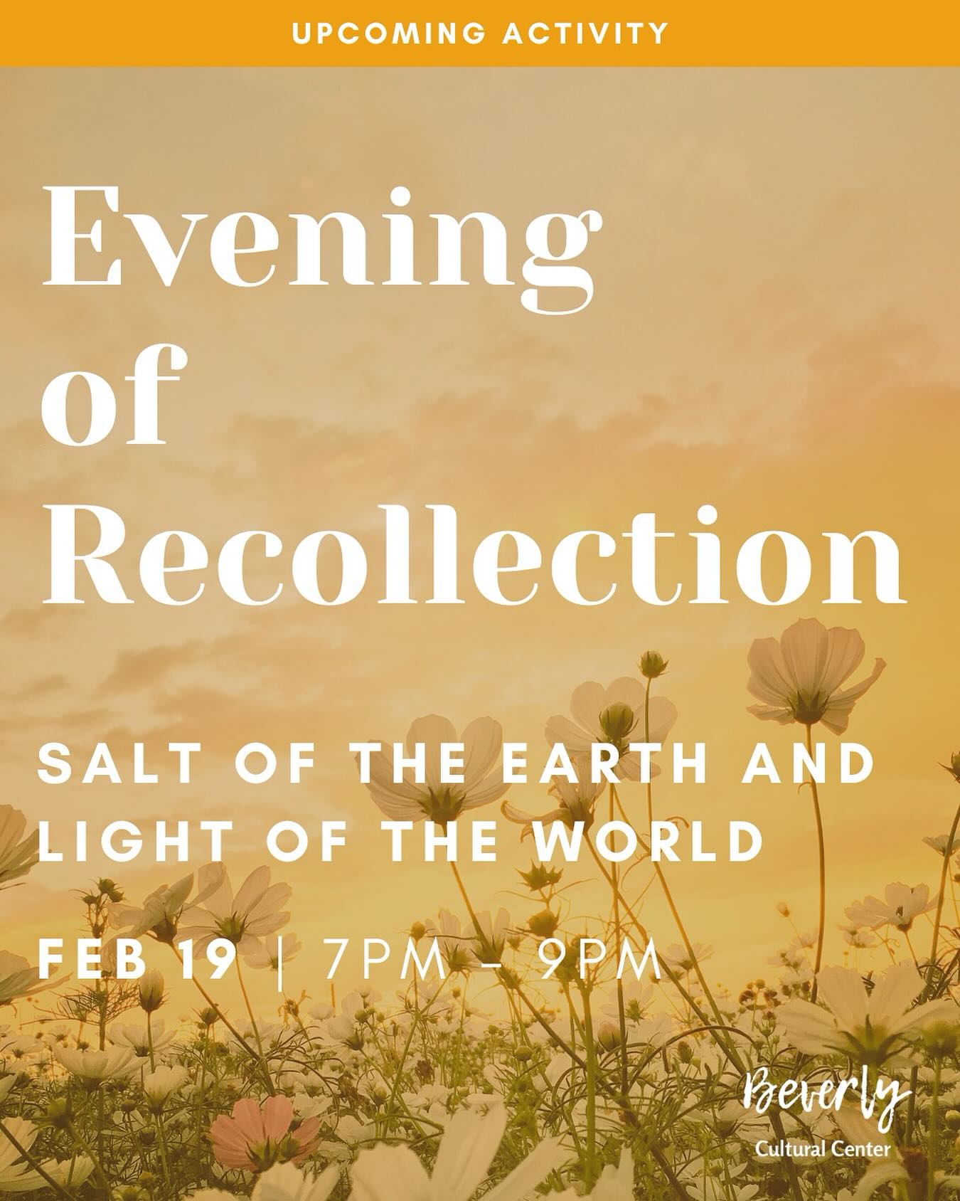 Join us for an Evening of Recollection next Wednesday, February 19th from 7 PM to 9 PM at Beverly Cultural Center! Priest is available for confessions & spiritual direction at 6:30 PM.
We can’t wait to see you there!
#losangelescatholic
#opusdei
#beverlyyps
#prayer