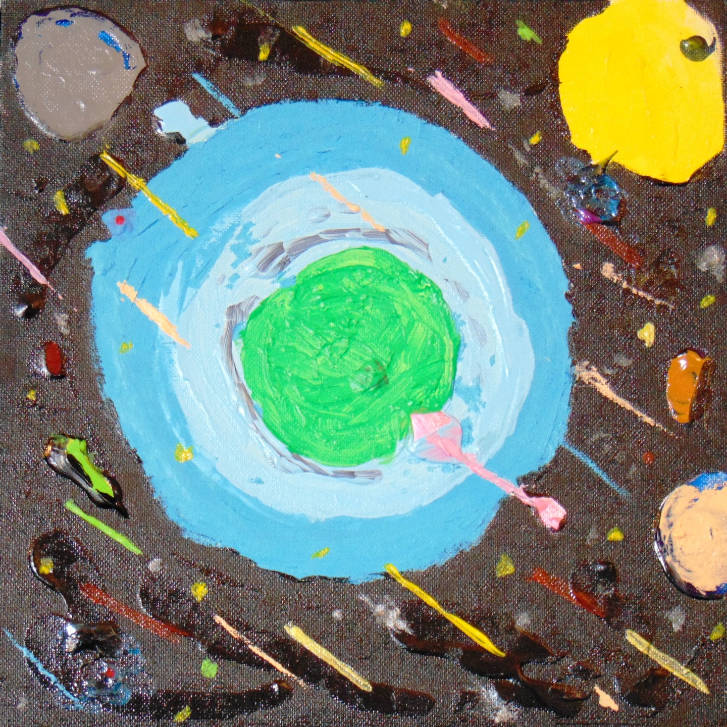 Fragile Earth Painting ( 2024 )
This little 30x30 canvas i dedicated to all humans especially politicians who are on work of charge.
Planet Earth, the only one in its beauty and uniqueness in our solar system, provides us with food and a home.
But on it, people suffer from senseless wars, slavery, oppression, killing, pollution and everything that is merciless and absurd.
Guided by interest as well as other reasons, politicians are the ones who should be responsible for our lives and not incite extermination, destruction, killing, torture.
When love can reign and everyone can be happy, many of them will realize that the danger is not on earth but out there in space and that we can disappear from there as a civilization.
Therefore, their efforts should be directed towards protecting the fragile planet Earth from the outside, and the countries that govern them should be focused on building systems for protection from space. And not futile wars, deaths, and armaments. Let that armament be only for defense against meteors, asteroids, and other celestial bodies so that we can continue our lives on this beautiful and, for now, the only planet on which we are temporary visitors.