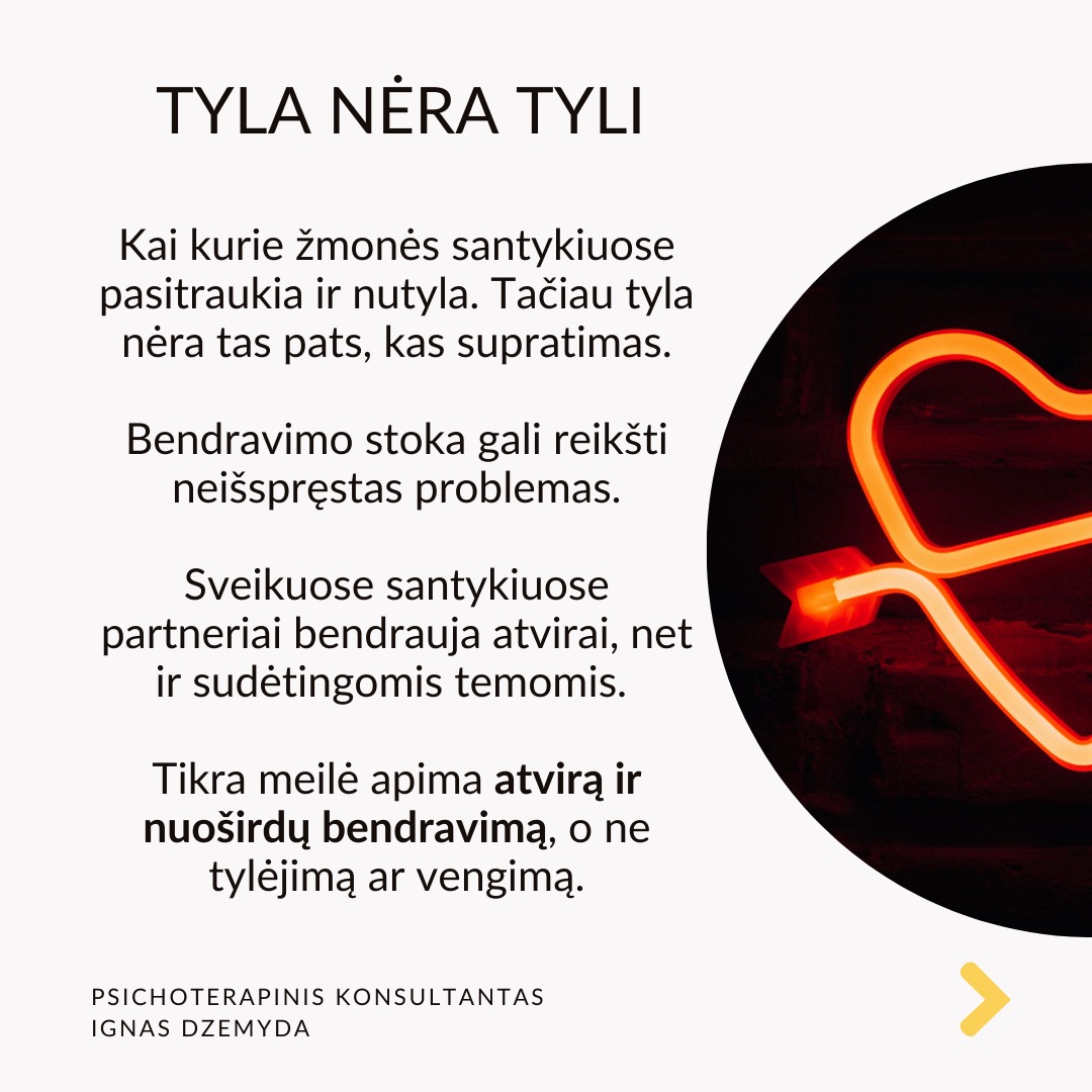 Mitai apie meilę trukdo užmegzti prasmingus ryšius. Filmuose, knygose ir žiniasklaidoje meilė dažnai romantizuojama, todėl daugelis žmonių nesveiką elgesį painioja su tikra meile. Iš tikrųjų meilė yra daugiau nei nuostabūs poelgiai, greitai praeinančios emocijos ar aistringas intensyvumas - tai gili, stabili ir nesavanaudiška jėga, kuri skatina augimą, saugumą ir abipusę pagarbą.
Dėmesio rodymas nėra meilė. Dėmesys dažnai painiojamas su meile. Kartas nuo karto gaunamos žinutės gali būti panašios į meilę. Tačiau tikra meilė siejama su nuoseklumu ir gilumu, o ne trumpalaikiu patvirtinimu. Tyrimai rodo, kad emocinis prieinamumas yra pagrindinis ilgalaikę meilę prognozuojantis veiksnys.
Pavydas nerodo prisirišimo. Daugelis žmonių pavydą painioja su meile, manydami, kad jei kas nors linkęs savintis, vadinasi, jam labai rūpi. Tačiau pavydas dažnai kyla iš nesaugumo, baimės ir pasitikėjimo stokos, o ne iš tikros meilės. Sveikuose santykiuose meilė grindžiama pasitikėjimu, o ne įtarumu.
Kontrolė nėra apie rūpestį. Kontrolė - nurodinėjimas, su kuo partneris gali matytis arba kaip jis turi elgtis - dažnai laikomas rūpinimusi. Psichologai pabrėžia, kad sveiki santykiai grindžiami abipuse pagarba, o ne kontrole. Tikra meilė puoselėja nepriklausomybę ir remia asmeninį augimą, o ne riboja laisvę.
Drama nekuria santykių. Kai kurie žmonės nuolatines dramas prilygina jauduliui, manydami, kad meilė turi būti kupina konfliktų, atsiprašymų ir emocinių sukrėtimų. Tikrai meilei reikia stabilumo, supratimo ir abipusės pagarbos. Tyrimai rodo, kad sveiki santykiai teikia saugumą ir pasitikėjimą, o ne chaosą ir netikrumą.
Ką daryti? ikra meilė nemanipuliuoja, nekontroliuoja ir neišsekina.
Priešingai, ji puoselėja, stiprina ir įgalina. Rinkitės meilę, kuri neša ramybę, o ne sumaištį. Meilę, kuri kuria, o ne griauna. Meilę, kuri primena namus, o ne mūšio lauką.
Nepamirškime pasirūpinti savimi!
#psichologija #psichoterapija
#savespazinimas #psichologas #emocinesveikata #psichologinepagalba #savirefleksija #terapija #psichinesveikata #meditacija #stress #gyvenimokokybė #asmeninisaugimas #augimas #impostersyndrome #savivertė #saviverte #trauma #depresija #nerimas