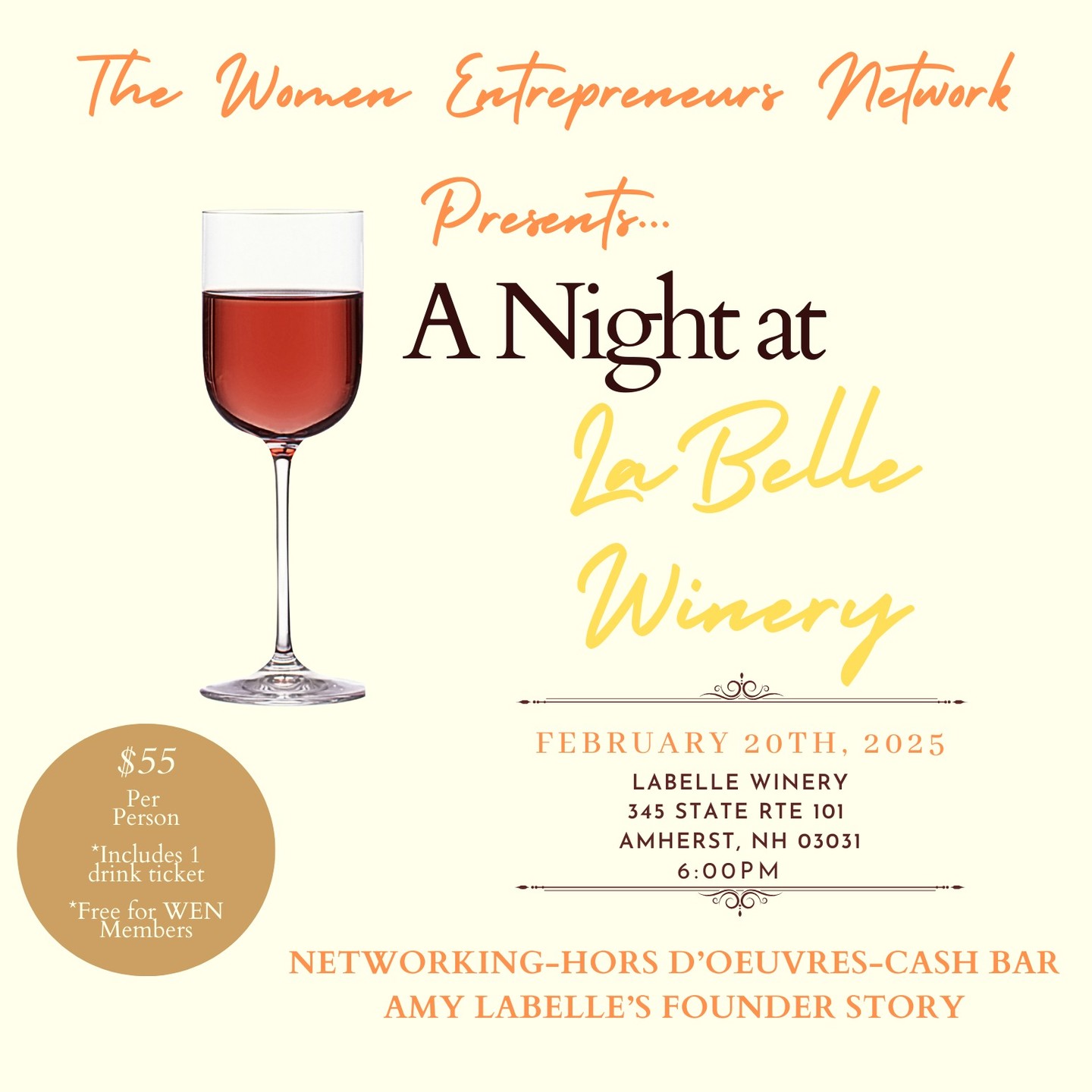 ❄️ Rescheduled Due to Snow! ❄️
Due to the winter weather, our Women Entrepreneurs’ Network (WEN) event at Labelle Winery has been rescheduled to February 20th. We can’t wait to connect, collaborate, and enjoy an inspiring evening together—just a little later than planned!
If you were already registered, your spot is still secured. If you haven’t signed up yet, now’s your chance! If you had already registered and can no longer attend the event, please reach out to us directly at hello@womenen.com.
📅 New Date: February 20th 6pm
📍 Location: Labelle Winery
🌟 Same amazing networking, just a new date!
Stay safe, and we’ll see you soon! 💜
https://www.eventbrite.com/e/1112636588989?aff=oddtdtcreator