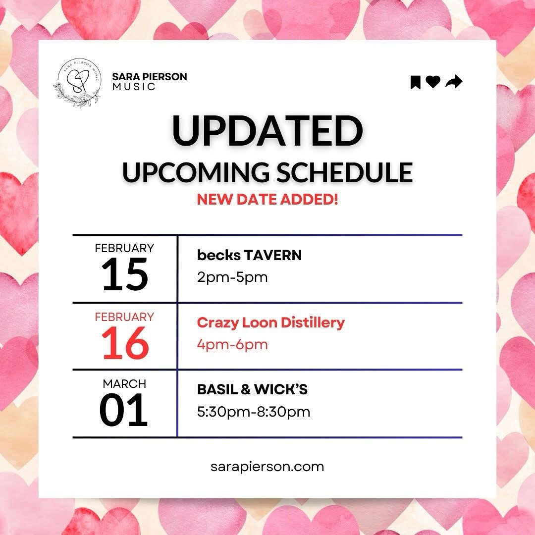 Hated not getting to play at Basil & Wick’s last week but check out a new date on my schedule at the Crazy Loon Distillery! Don’t worry my Basil & Wick’s fans, I’m back there March 1st! And for those that like a little yurt action, my next show is at becks TAVERN. Join me for Valentine’s weekend to hear me serenade you with some of my favorite love songs.
Stay up to date with my schedule on my website!
https://www.sarapierson.com/