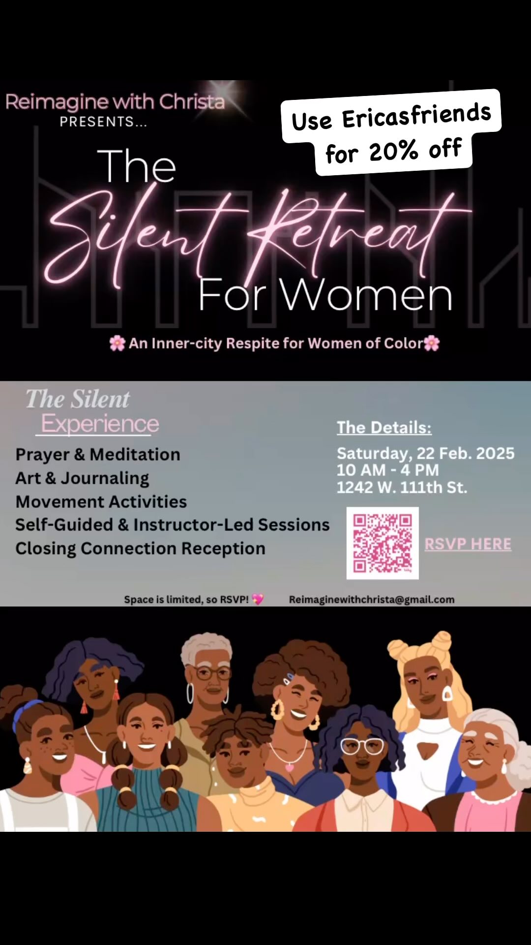 🌟 Hey Sis! 🌟
When was the last time you truly poured into yourself? I’m so honored to be a part of the Silent Retreat for Women, happening right here in Chicago on February 22, 2025.
✨ This retreat is for us, by us—a safe, nurturing space to disconnect from the chaos and reconnect with your peace, power, and purpose.
I’ll be leading a session designed to help you to reflect, reset, and plan for the rest of 2025. I can’t wait to pour into YOU!
🎟️ Spots are limited, so don’t wait! Grab your ticket today: bit.ly/Silentretreat
Let’s realign, recharge, and reconnect. Share this with a friend who could use a day of empowerment and self-care!
#WellnessForWomen #SouthsideSilentRetreat #SelfCareForWomenOfColor #ChicagoEvents