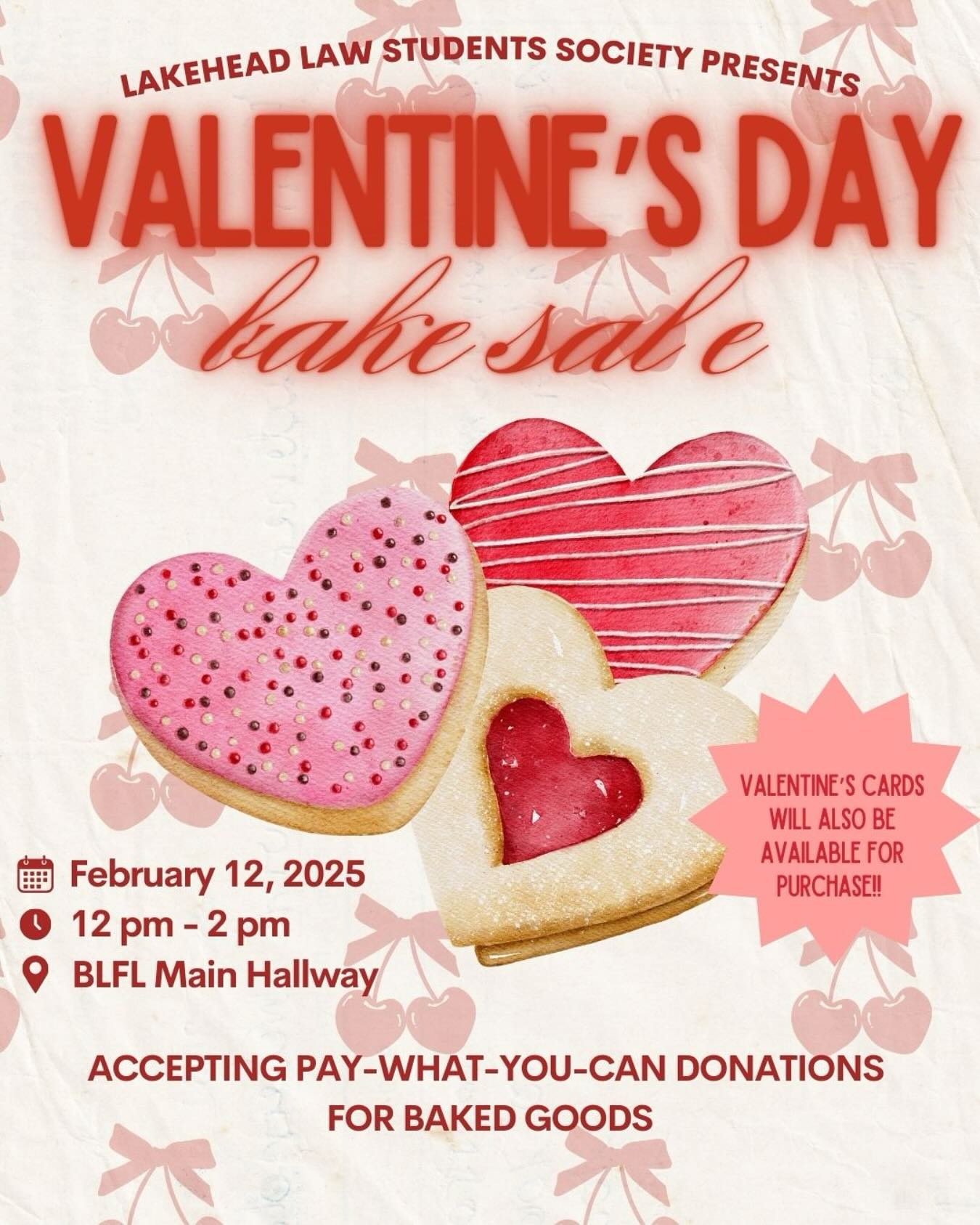 đȘđ©· VALENTINES BAKE SALE đ©·đȘ
We will be hosting a bake sale on Wednesday, February 12, 2025 from 12:00 pm - 2:00 pm! We are accepting pay-what-you-can donations for baked goods, so come stop by and grab some treats between classes! We will also have Valentines cards available for purchase - so be sure to get some and spread the love to your friends and loved ones đ©· See you all there! đȘ