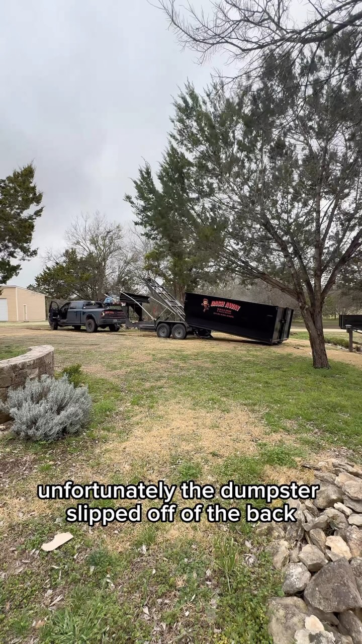 Pushing the limits with a max pick up. 1600 ft.² of Travertine tile. Appreciate having @bluebonnet_interiors trusting us with the drop off and pick up of the dumpster x2. Had a little bit of a problem picking it up due to the soft grass. But nothing we could not get done. #dashawaydumpster
