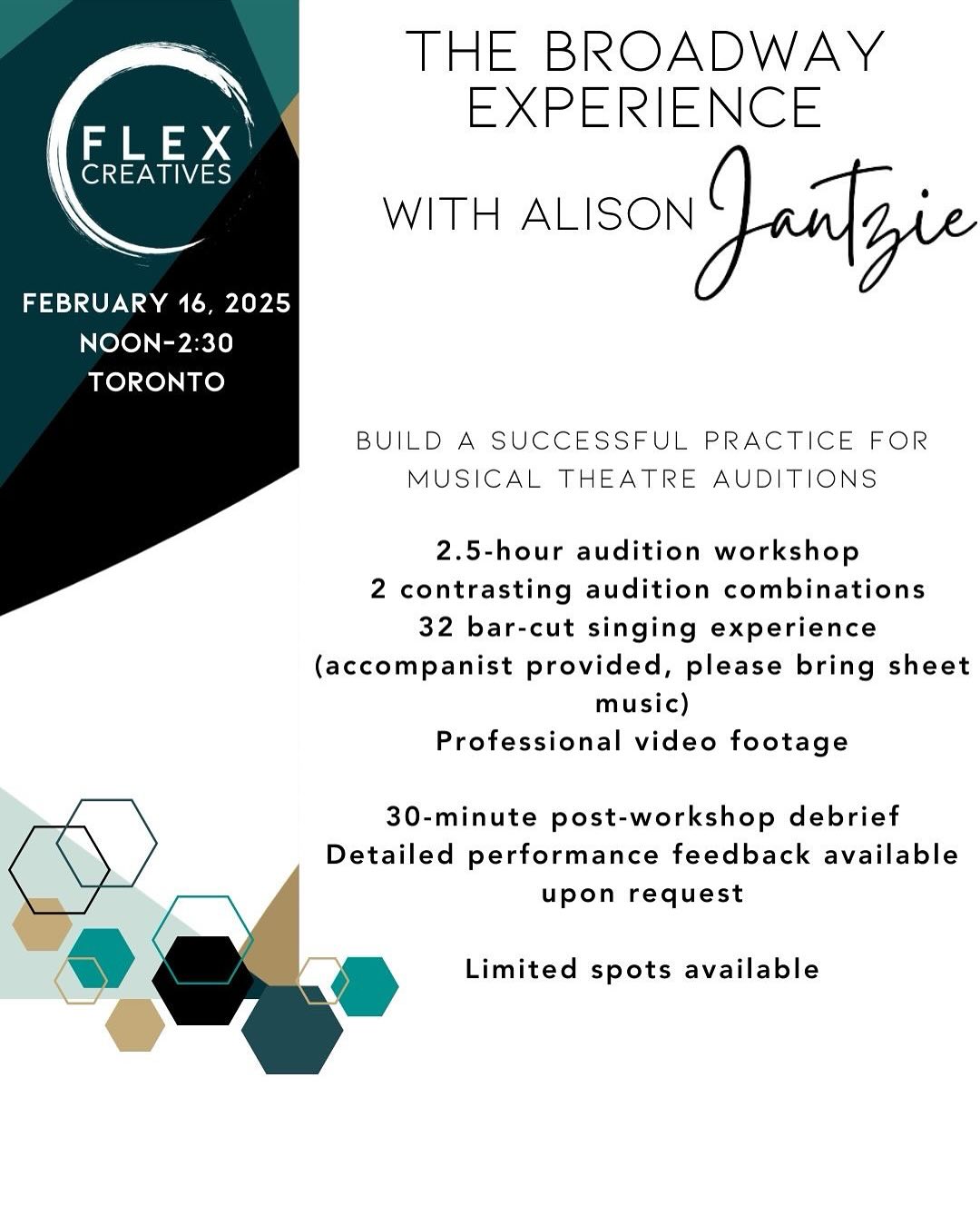 We’re just 7 DAYS away from our inaugural Flex Creatives event! ✨
📍 Randolph College, Toronto
📅 Sunday, Feb 16, 2025
⏰ 12:00 - 2:30 PM
✔️Reframe your audition approach
✔️Build a sustainable practice
✔️Find your creative community
Only a few spots left—secure yours NOW! DM Flex Creatives to register.
#FlexCreatives #MusicalTheatre #DanceWorkshop #AuditionSuccess