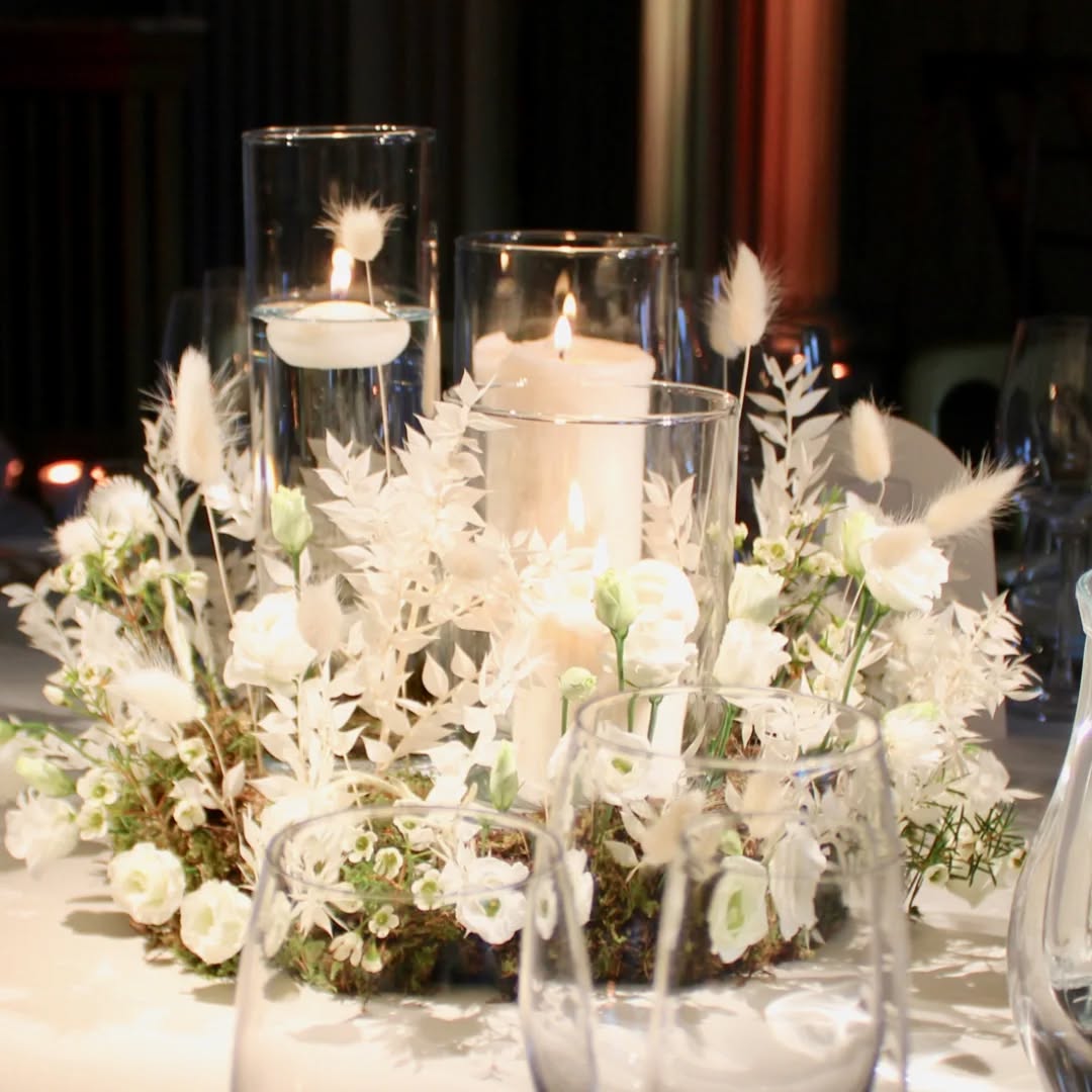 Simply romantic - candlelit table centres #candlelight #tabledecoration #bleachedsoftrucus #thesignetlibrary #weddingfloristedinburgh #weddingflowersedinburgh #winterwedding #thestockbridgeflowercompany #whitetabledecor #whitewedding #scottishwedding
