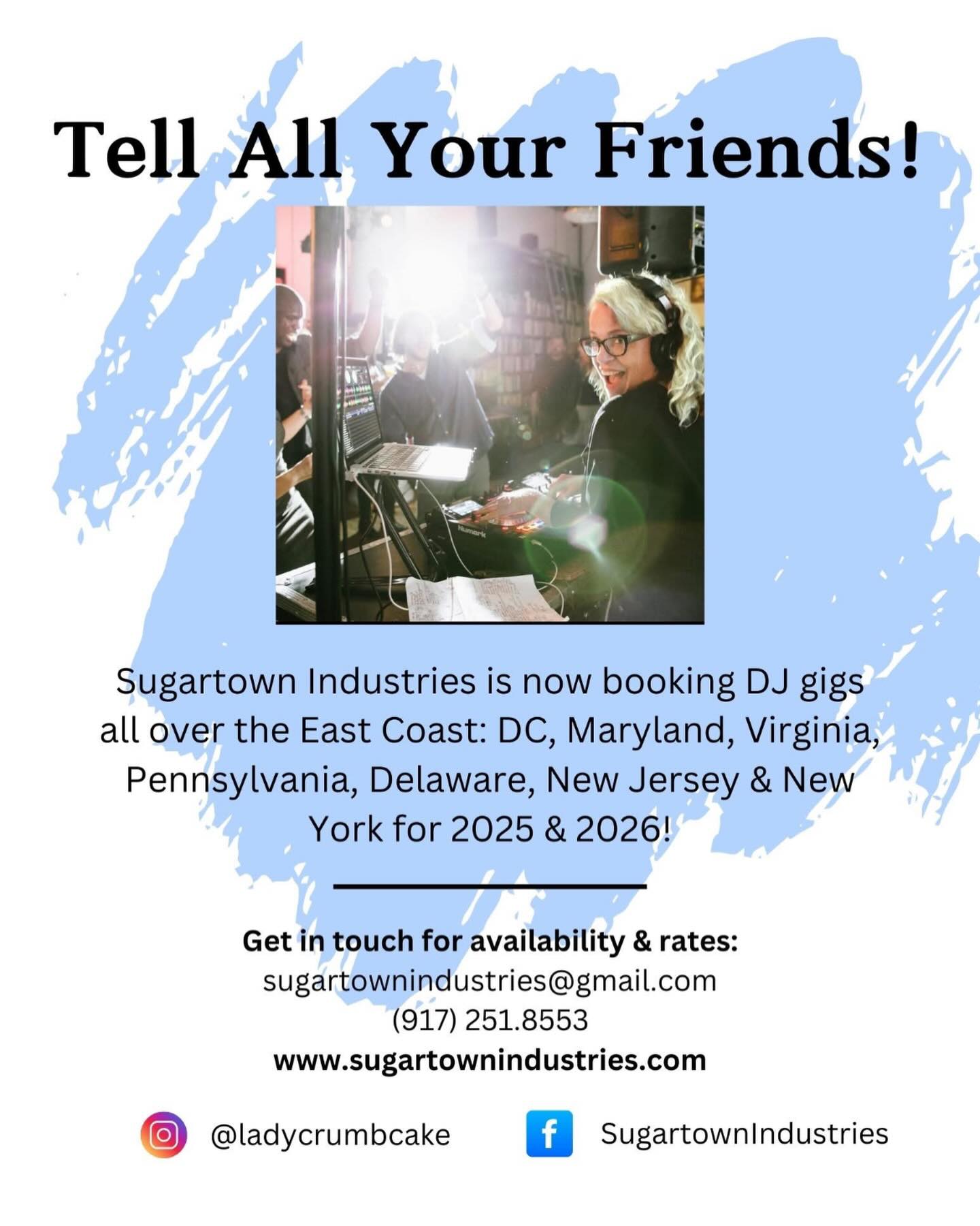Excited to announce that I'm now available to book DJ gigs all over the East Coast: DC, Virginia, Maryland, Delaware, Pennsylvania, New Jersey & New York!
I'd love to provide the perfect soundtrack for your wedding, party or corporate event.
Shoot me an email: sugartownindustries@gmail.com
.
.
.
.
#dj #weddingdj #eventdj #partydj #nontraditionalwedding #gayweddings #gaywedding #eastvillageradio #nontraditionalweddings #indie #classicsoul #disco #dance #newyorkdj #sugartownindustries #colleencrumbcake #djcolleencrumbcake #brooklyndj #nycdj #baltimoredj #novadj #dcdj #phillydj #delaware #njdj #nydj
